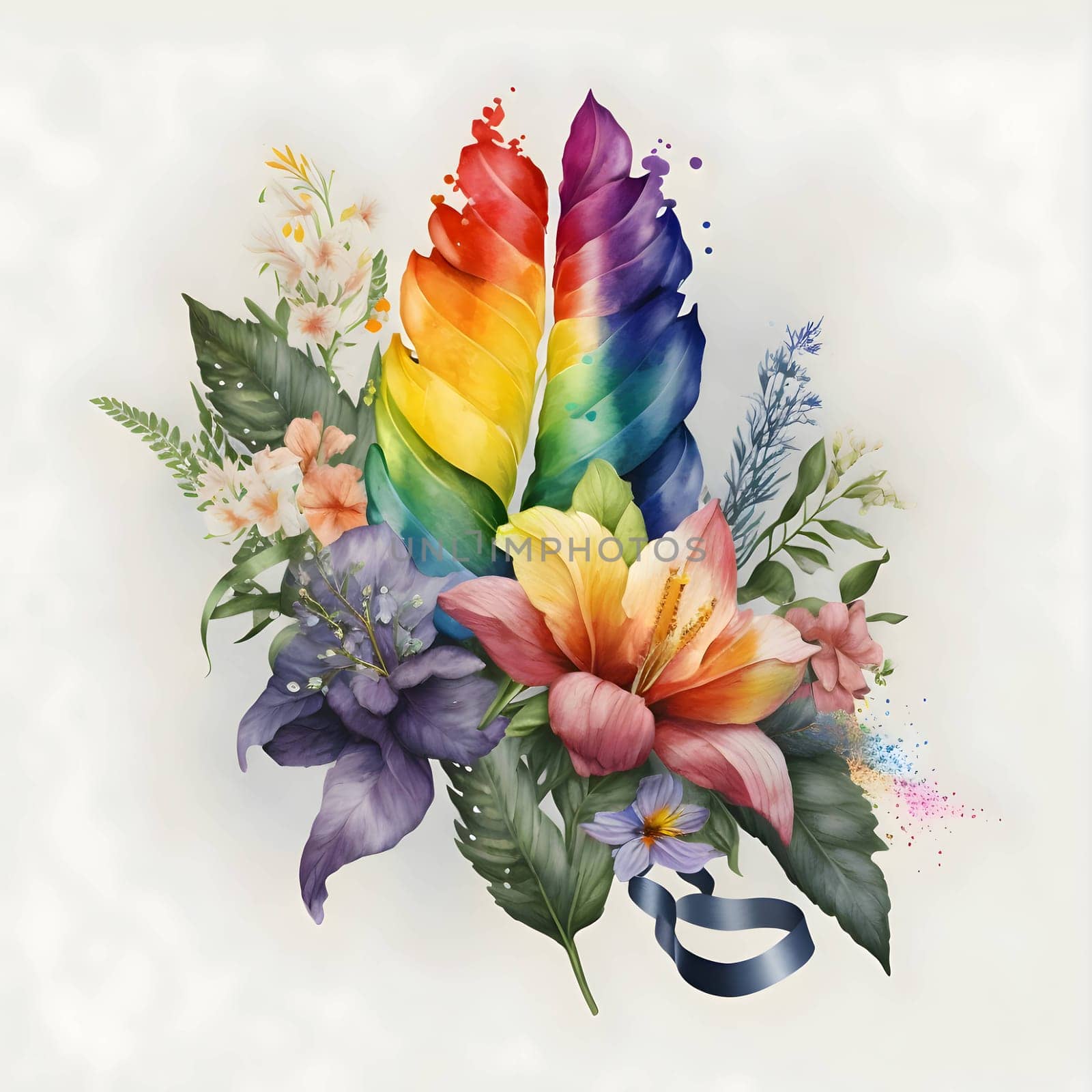 Illustration of vibrant flowers, each blooming in a different shade of the rainbow, beautifully arranged on a clean white background.