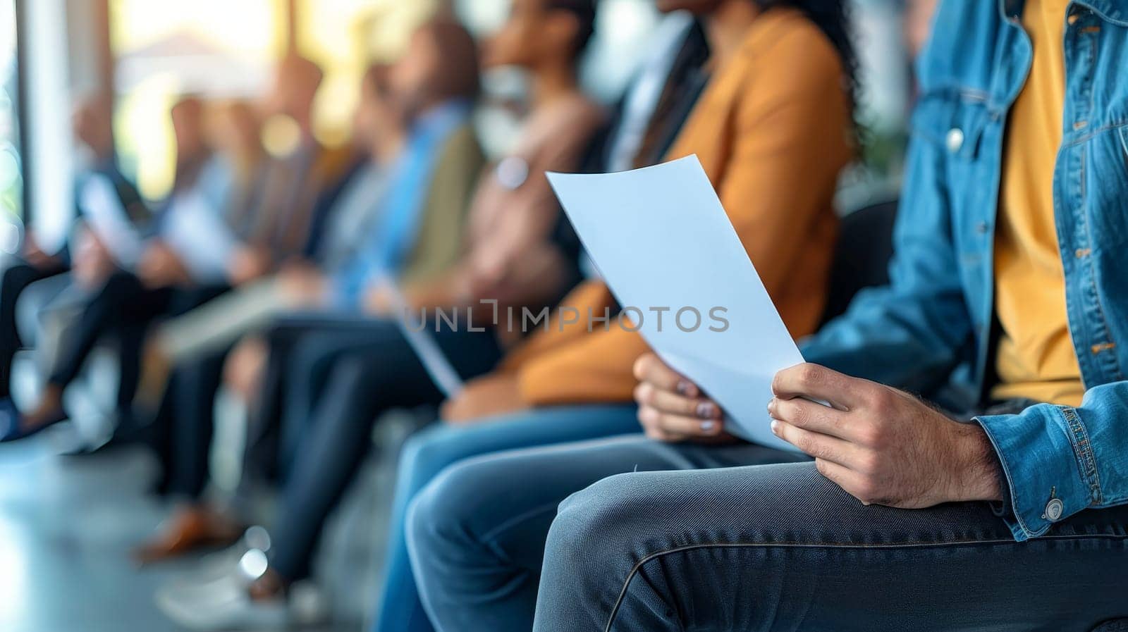 Close up of people in casual clothes sit on chairs in row waiting for job interview holding a white papers by nijieimu