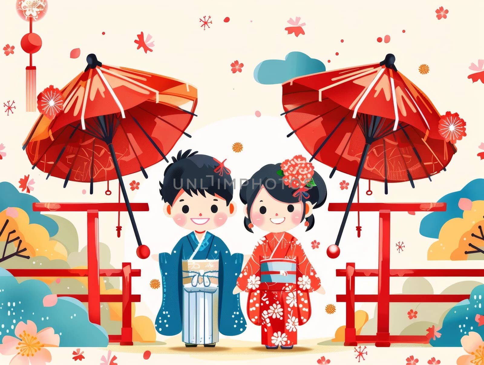 Two cheerful young people in traditional Japanese attire stand under colorful ceremonial umbrellas, surrounded by vibrant flowers and Torii gates in a lively cultural scene. by sfinks