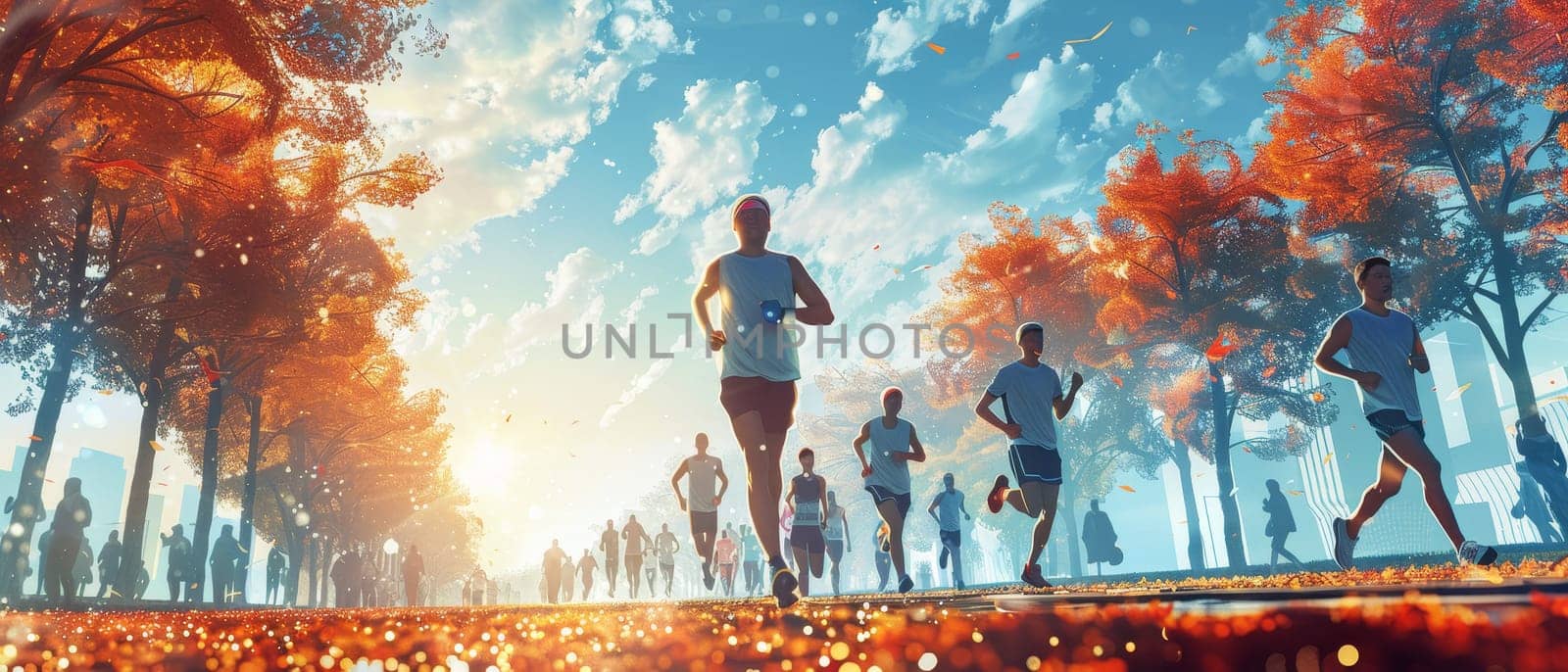 A group of runners are running in a race with a red and blue background by AI generated image.