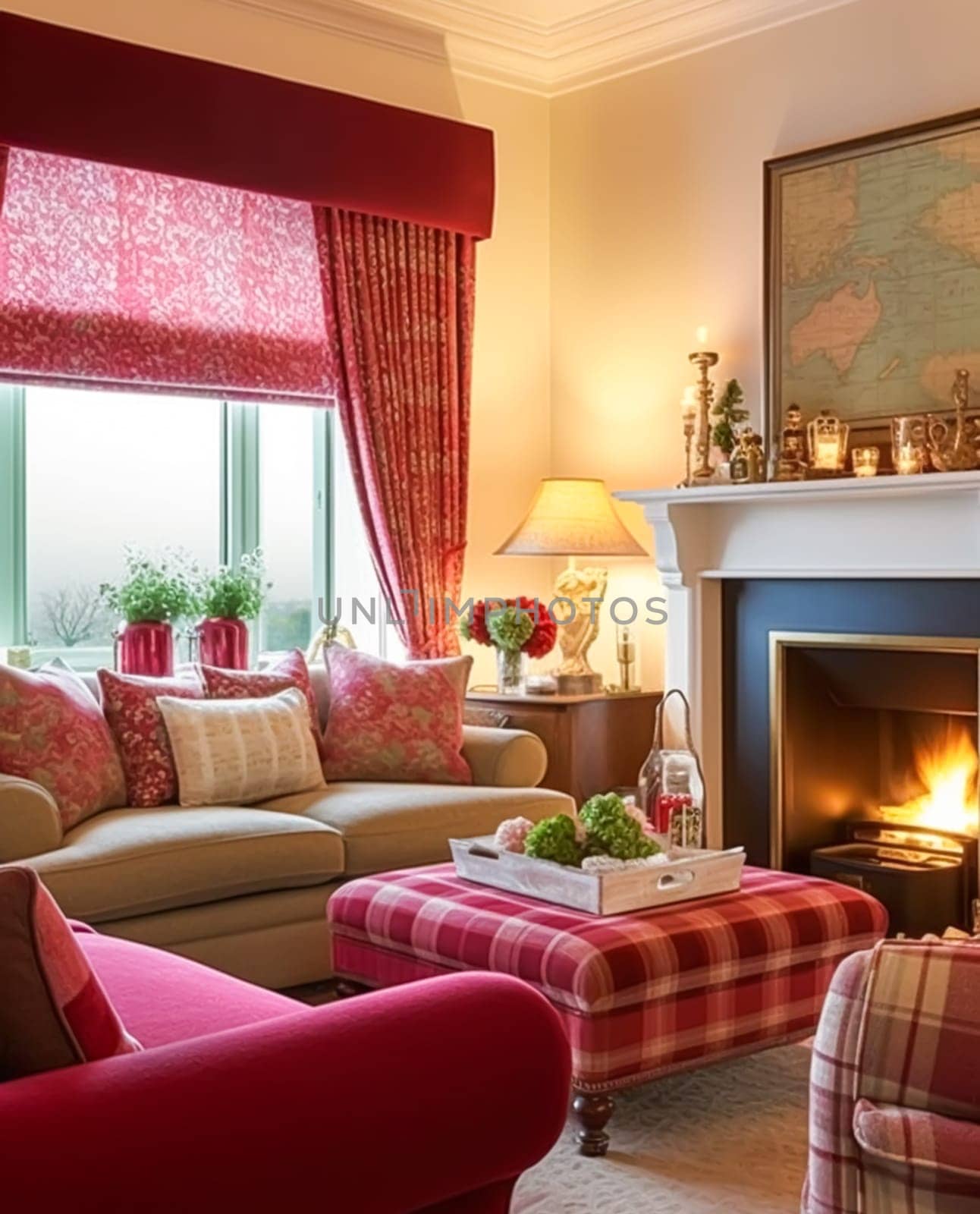 Traditional sitting room decor, interior design, red pink living room furniture, sofa and home decor in English country house and elegant cottage style, post-processed, generative ai