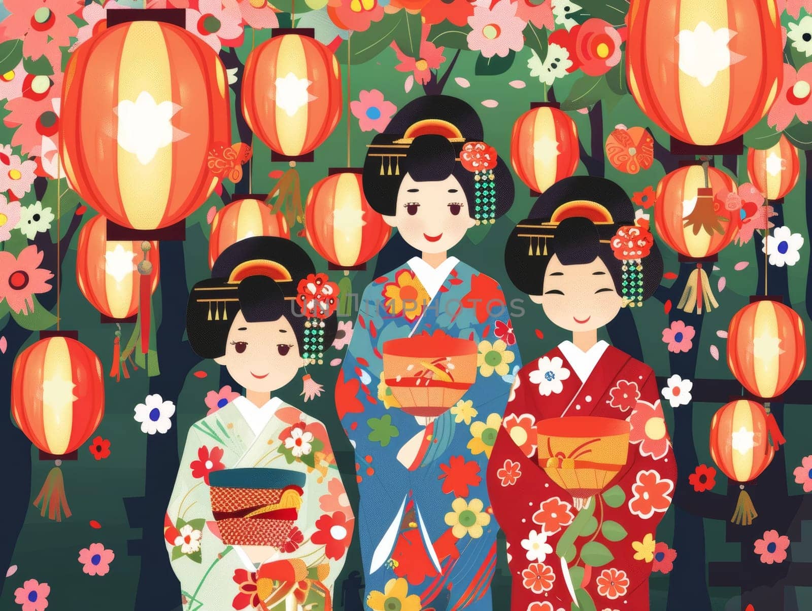 Colorful geisha figures surrounded by blooming flowers, lanterns, and traditional Japanese elements create a lively, festive scene bursting with cultural heritage and charm