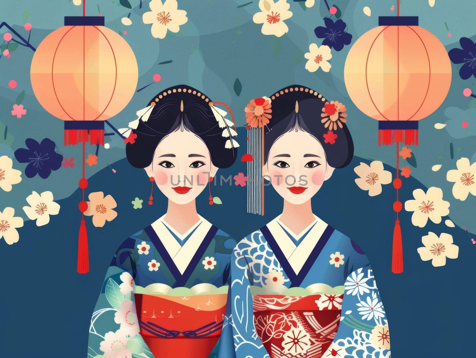Two alluring geisha figures, adorned in vibrant traditional attire, stand amidst a whimsical floral backdrop, exuding an air of elegance and cultural richness
