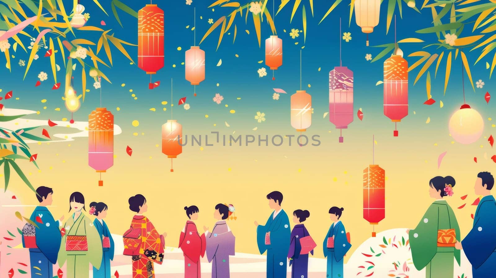 A vivid Tanabata night scene captured with colorful paper lanterns hanging amidst bamboo leaves, sparkling against a starry background in a festive display. by sfinks