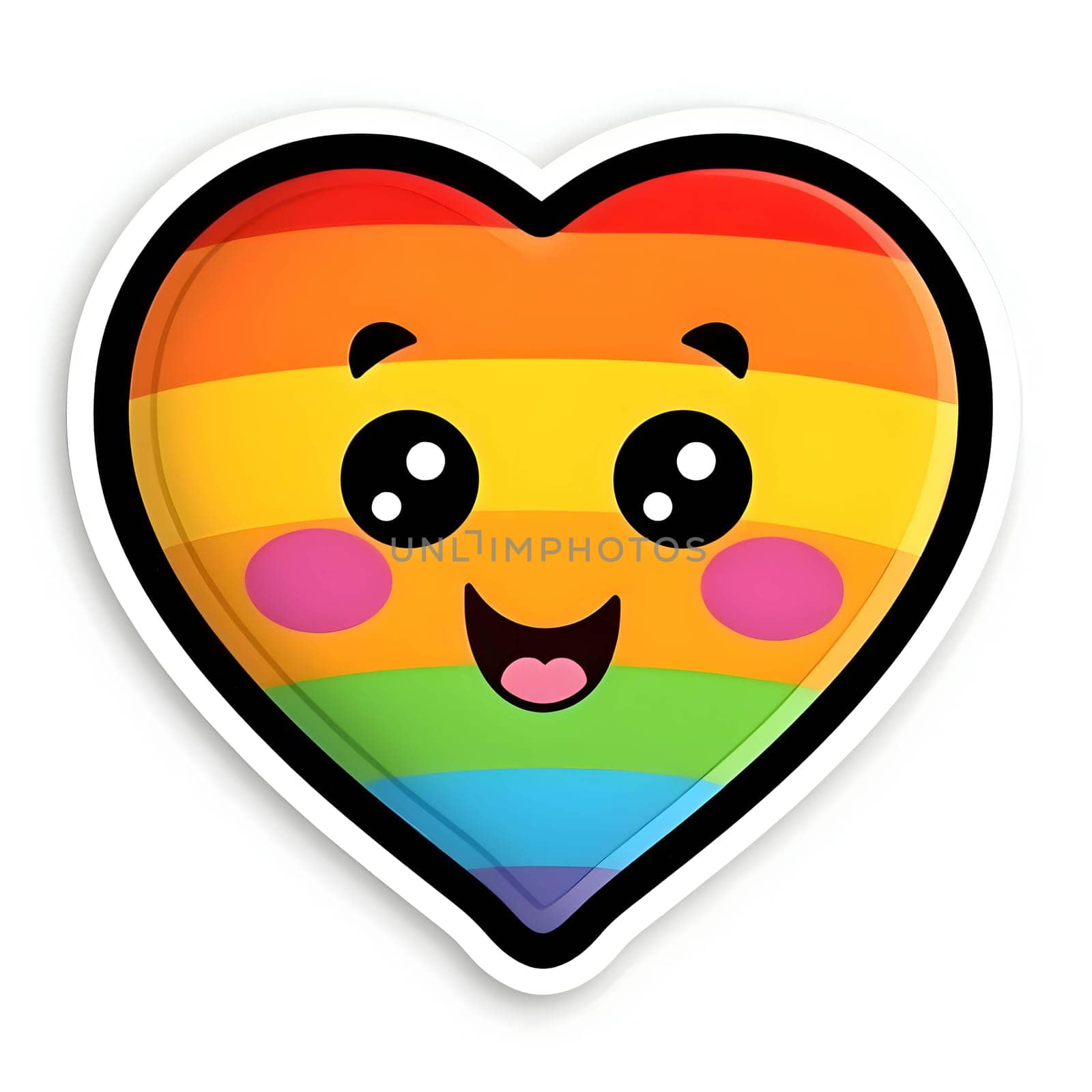Rainbow heart sticker with a cheerful smile.