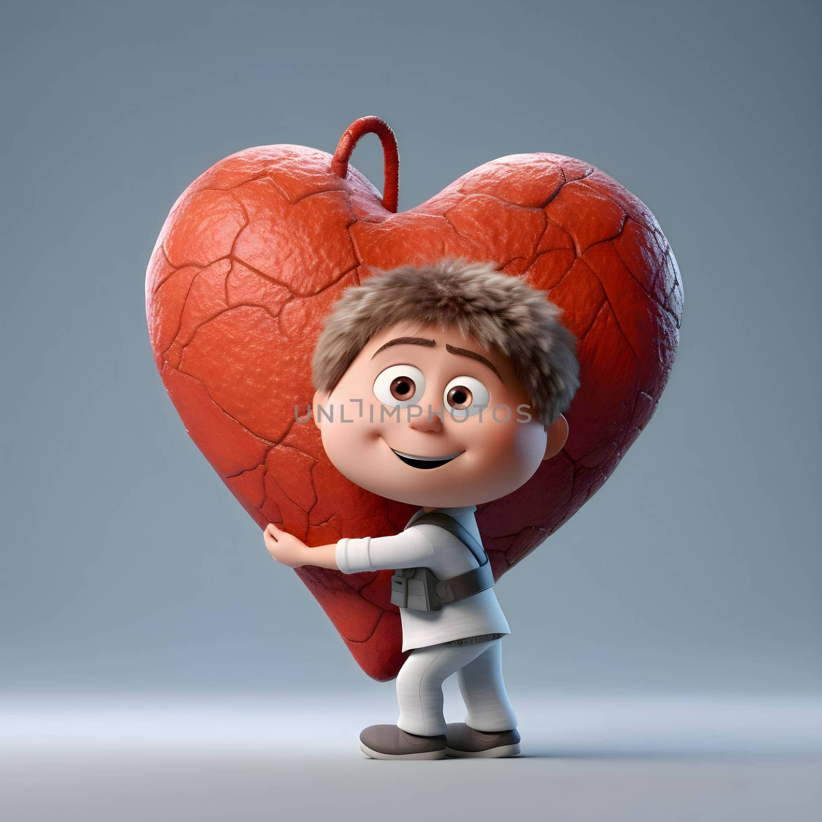 The cartoon boy holds a big red heart in his hands, expressing love and affection.