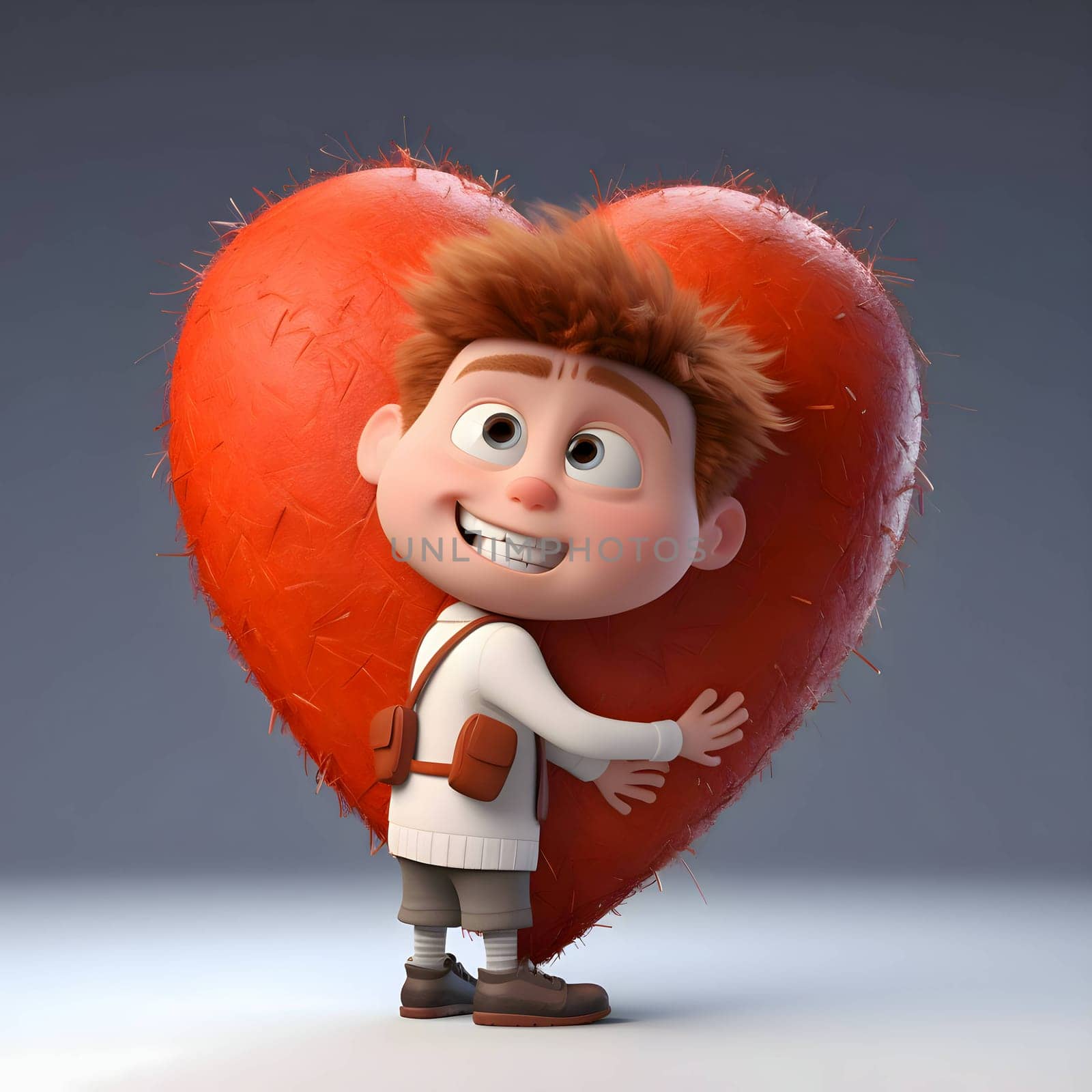 The cartoon boy holds a big red heart in his hands, expressing love and affection.