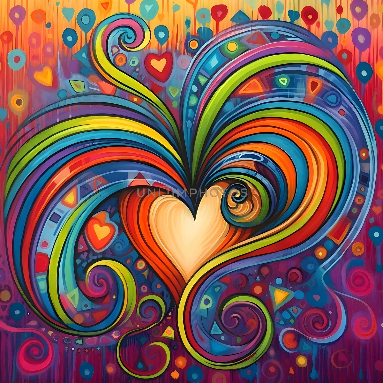 An abstract colorful heart adorned with intricate decorations, showcasing love and vibrancy.