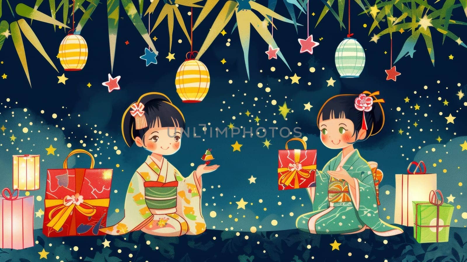 Illustration of two children in kimonos, smiling joyfully with gifts, under a starry sky adorned with Tanabata decorations