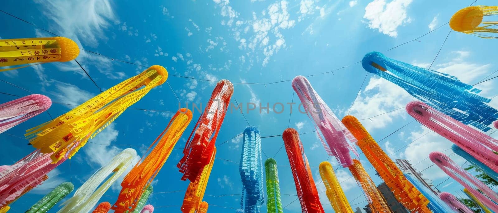 A striking view of Tanabata festival streamers flowing in the wind against a clear blue sky, symbolizing hopes and dreams during the festive season