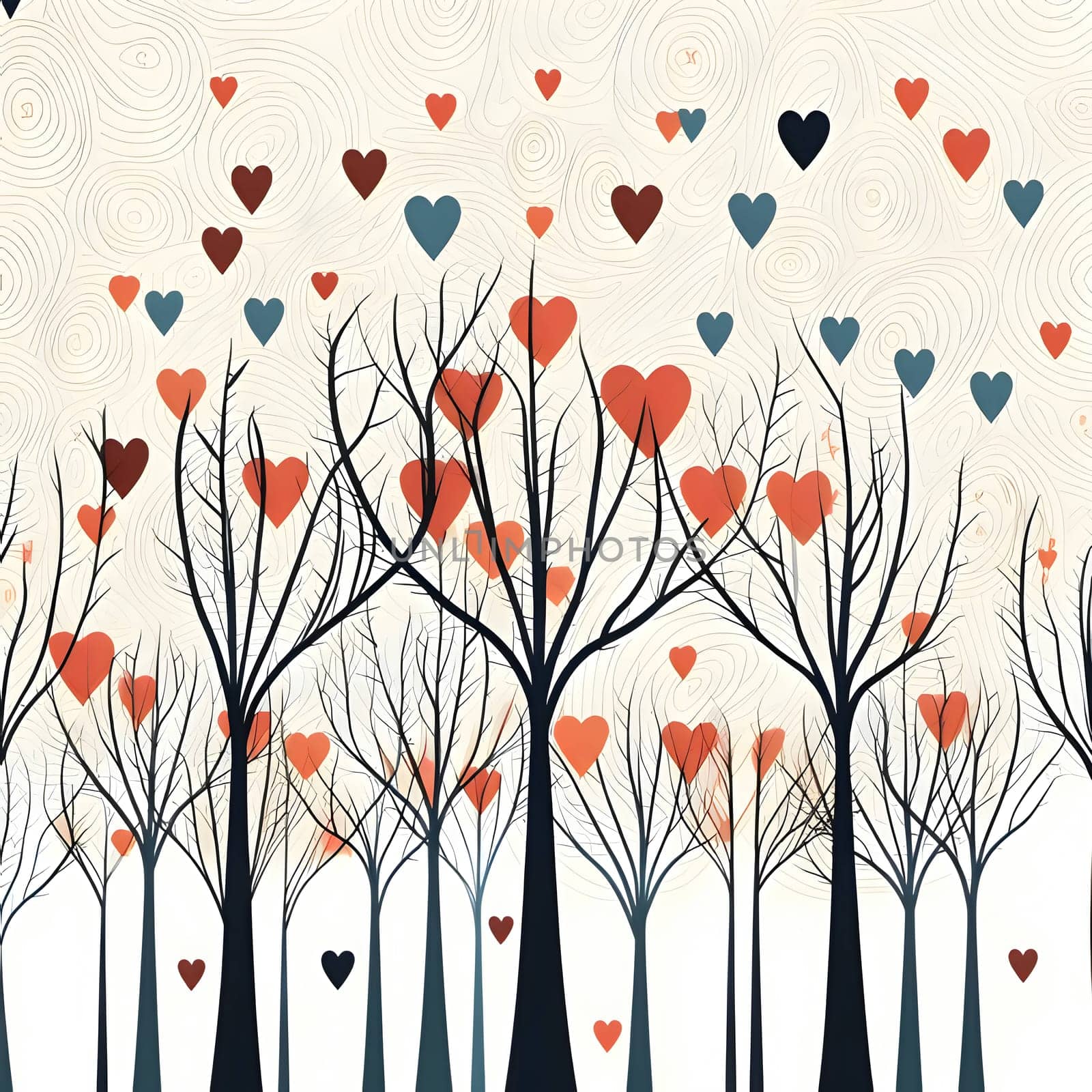 Silhouettes of trees and hearts intertwine, creating a whimsical scene on a pristine white background.