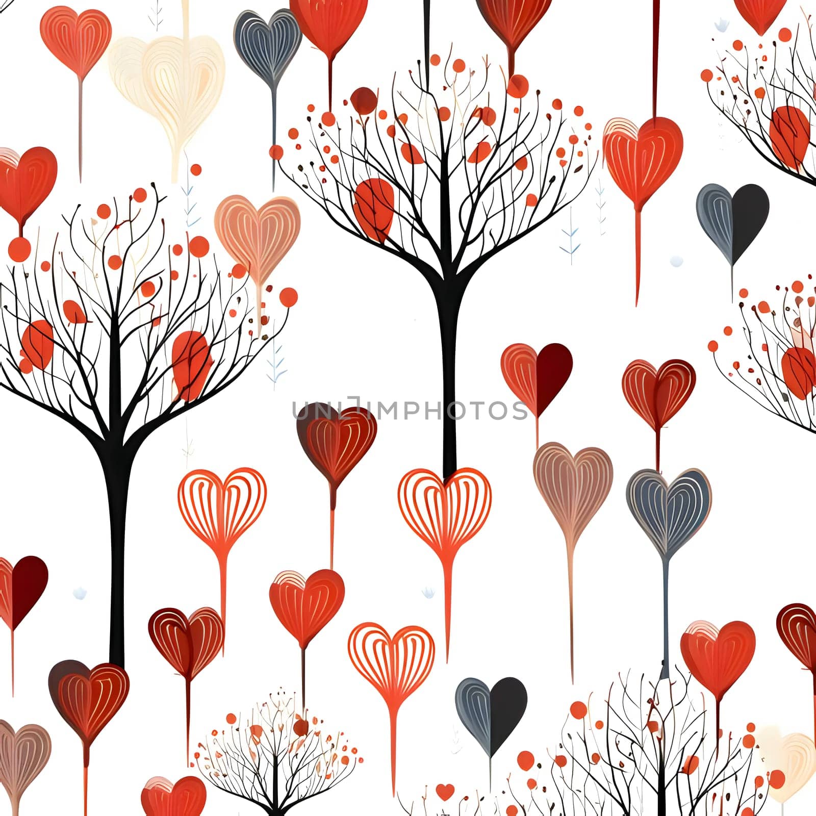 Silhouettes of trees and hearts intertwine, creating a whimsical scene on a pristine white background.