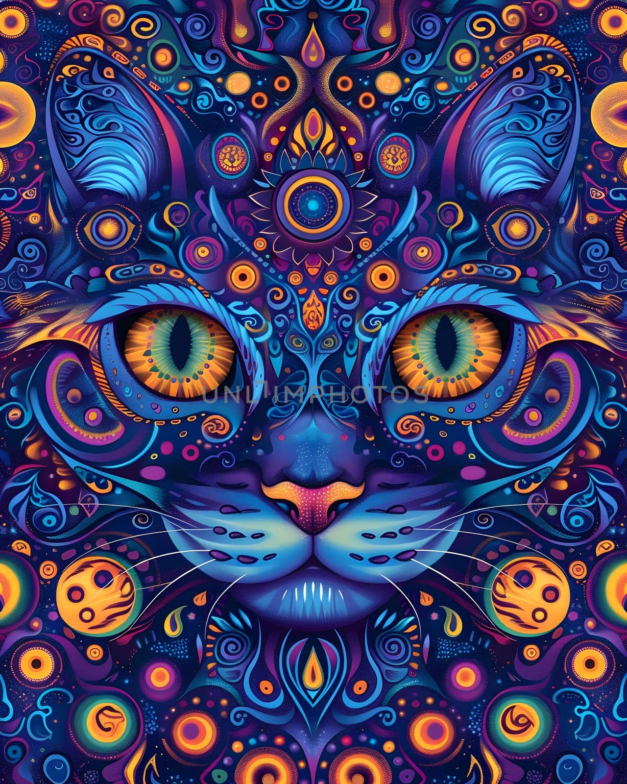 A vibrant painting of a Felidae organisms face with intricate patterns and whiskers. The small to mediumsized cat is captured in aqua hues, creating a stunning piece of art