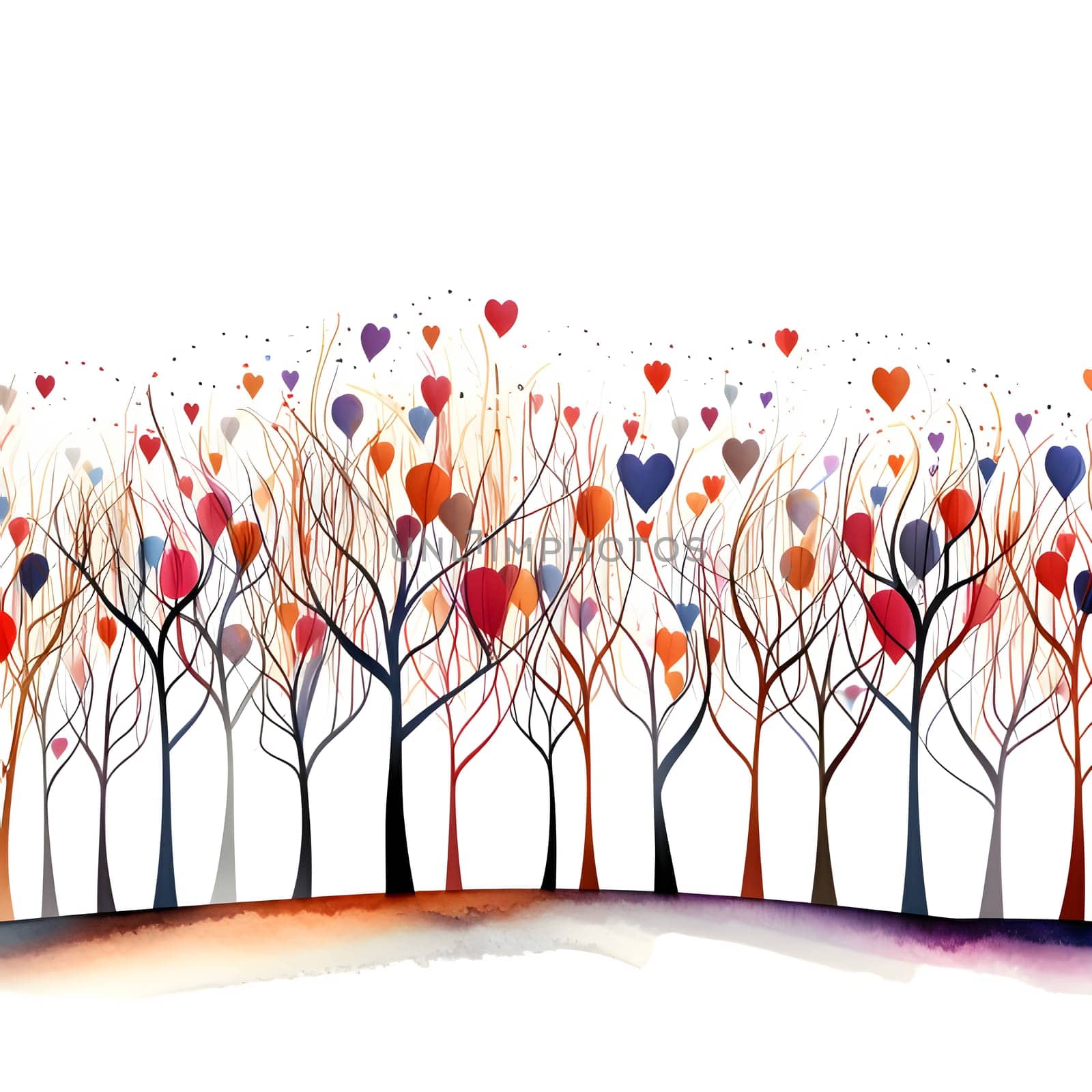 Silhouettes of trees and hearts intertwine, creating a whimsical scene on a pristine white background.