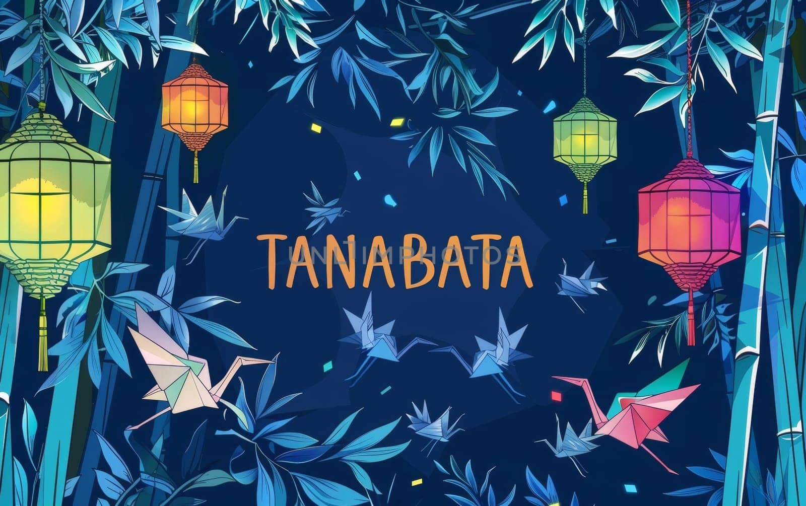Festive paper lanterns and origami cranes set against a dark blue background celebrate Tanabata, Japans star festival, with a spirited and cultural charm