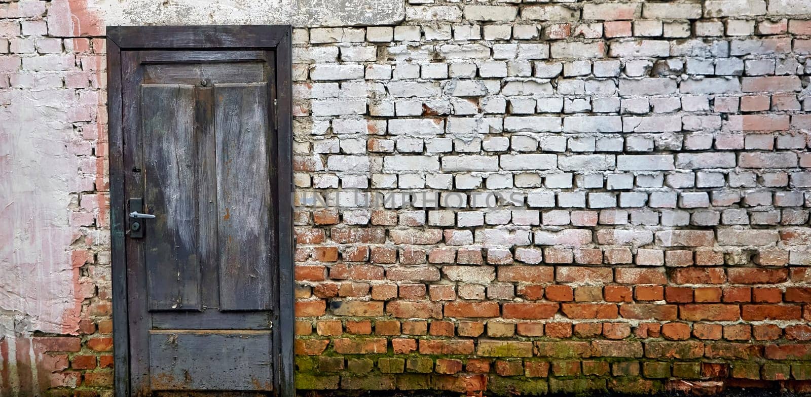 Rustic brick wall featuring a weathered blue wooden door with whitewash remnants by Hil