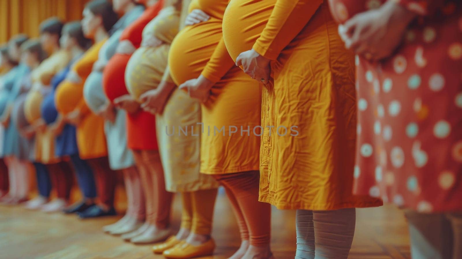 A group of pregnant women stand in a line, some wearing yellow dresses. Concept of unity and support among the women, as they stand together and share a common experience