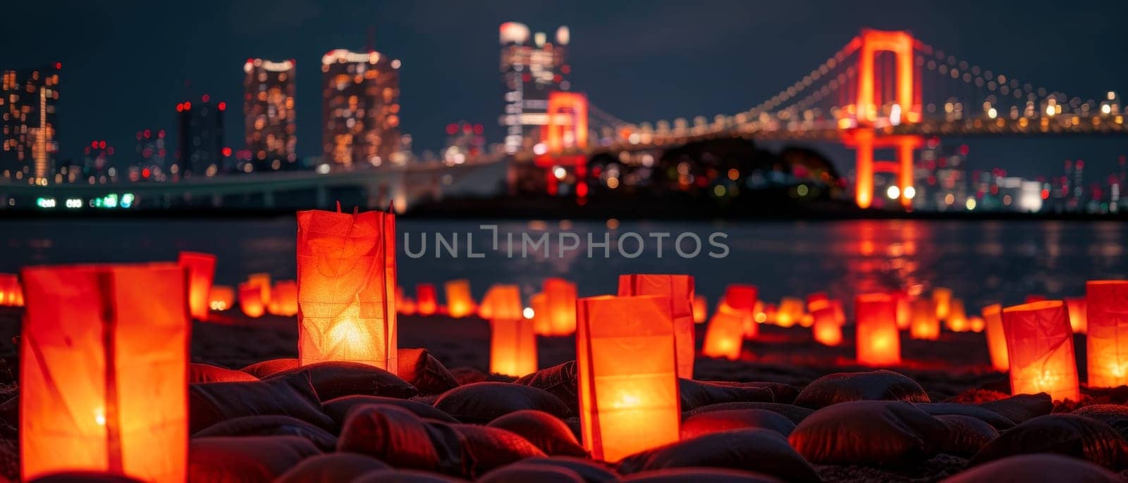 A beachfront aglow with the light of lanterns under a deep twilight sky, celebrating Marine Day with Tokyos iconic bridge and skyline in view. Japanese Umi no Hi also known as Ocean Day or Sea Day by sfinks