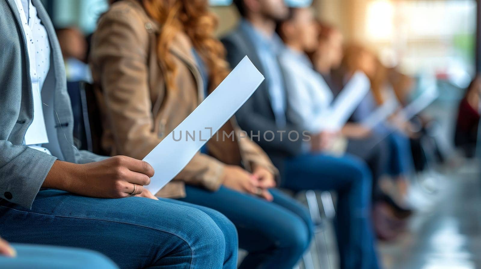 Close up of people in casual clothes sit on chairs in row waiting for job interview holding a white papers by nijieimu