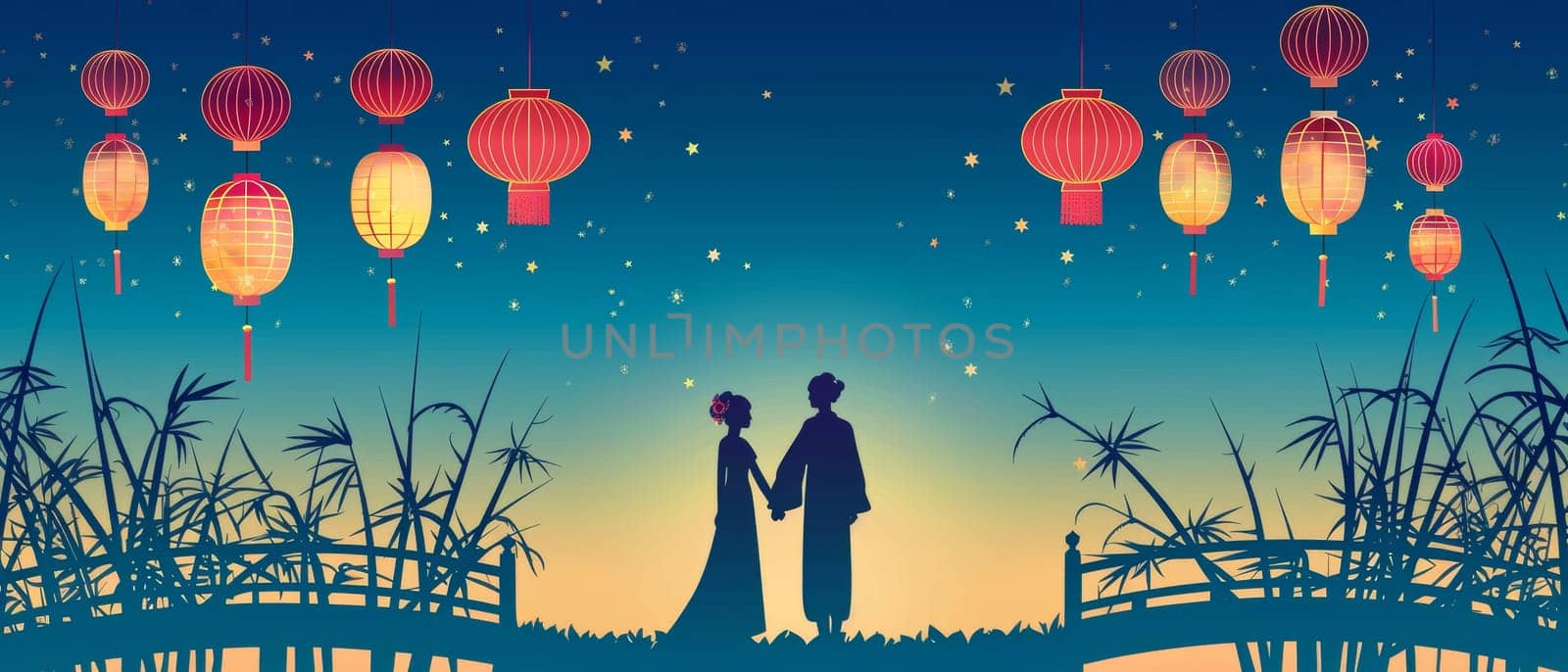 A couples silhouette stands under a starry sky adorned with vibrant paper lanterns, creating an enchanting and romantic atmosphere