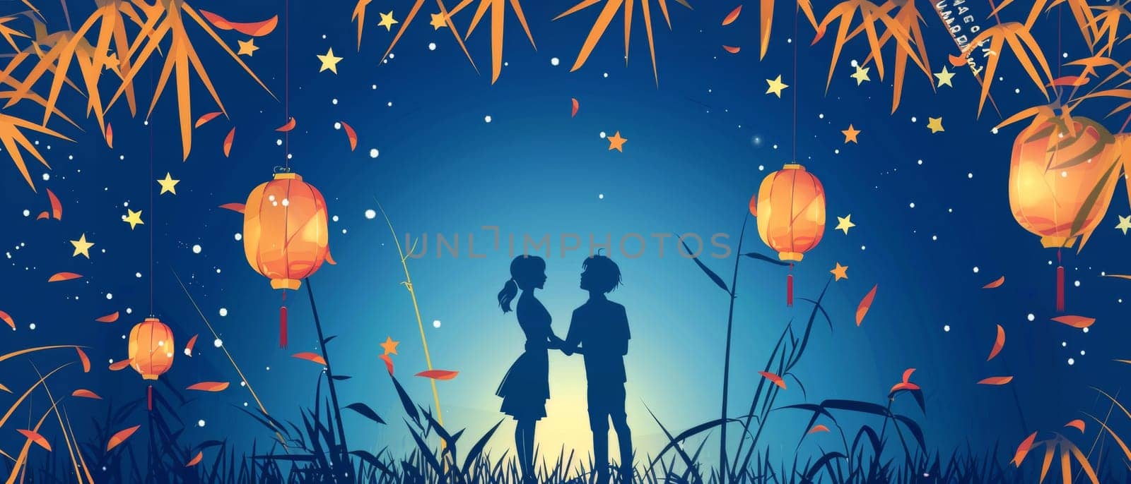 A whimsical scene of two children playing under lantern-lit skies, with falling leaves and a backdrop of bamboo