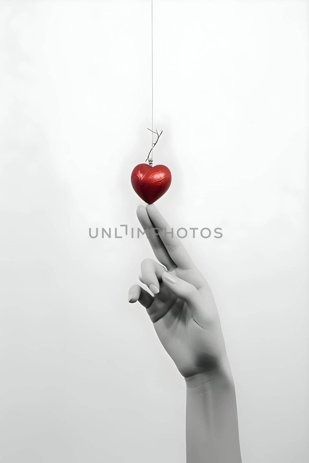 Fingers pointing a bauble in the shape of a red heart. by ThemesS