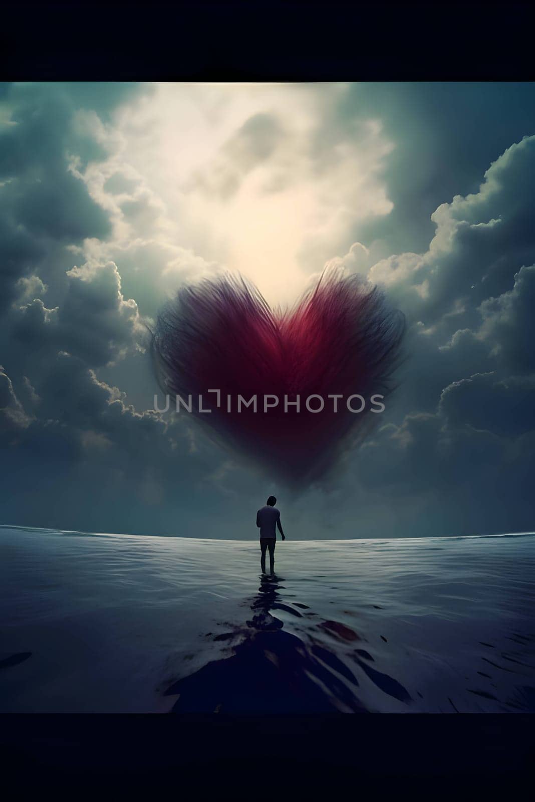 Silhouette of a man standing on water, gazing at a heart-shaped cloud in the overcast sky.