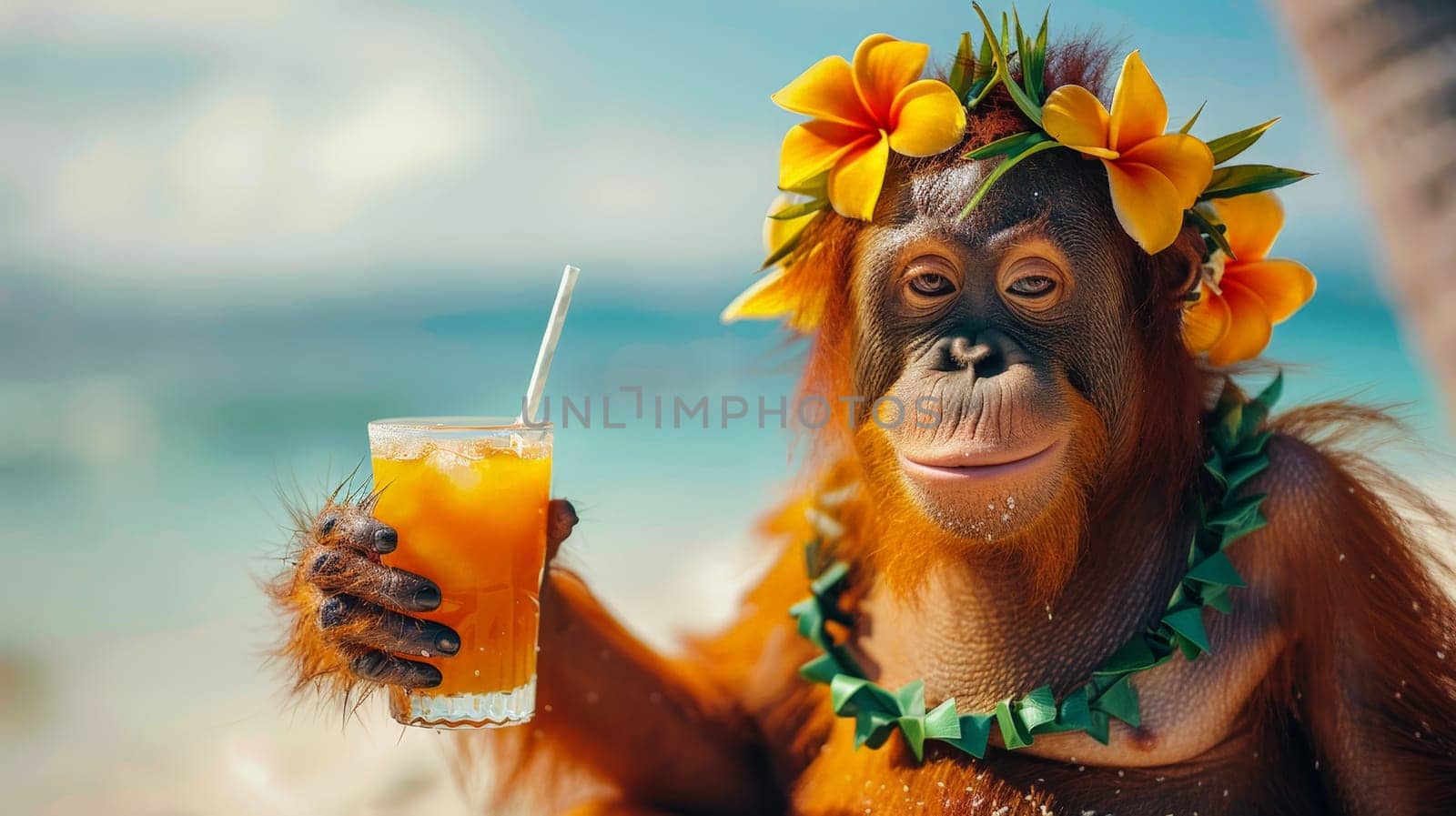 Summer background, An orangutan with hawaiian costume tropical palm and beach background, Generative AI by nijieimu