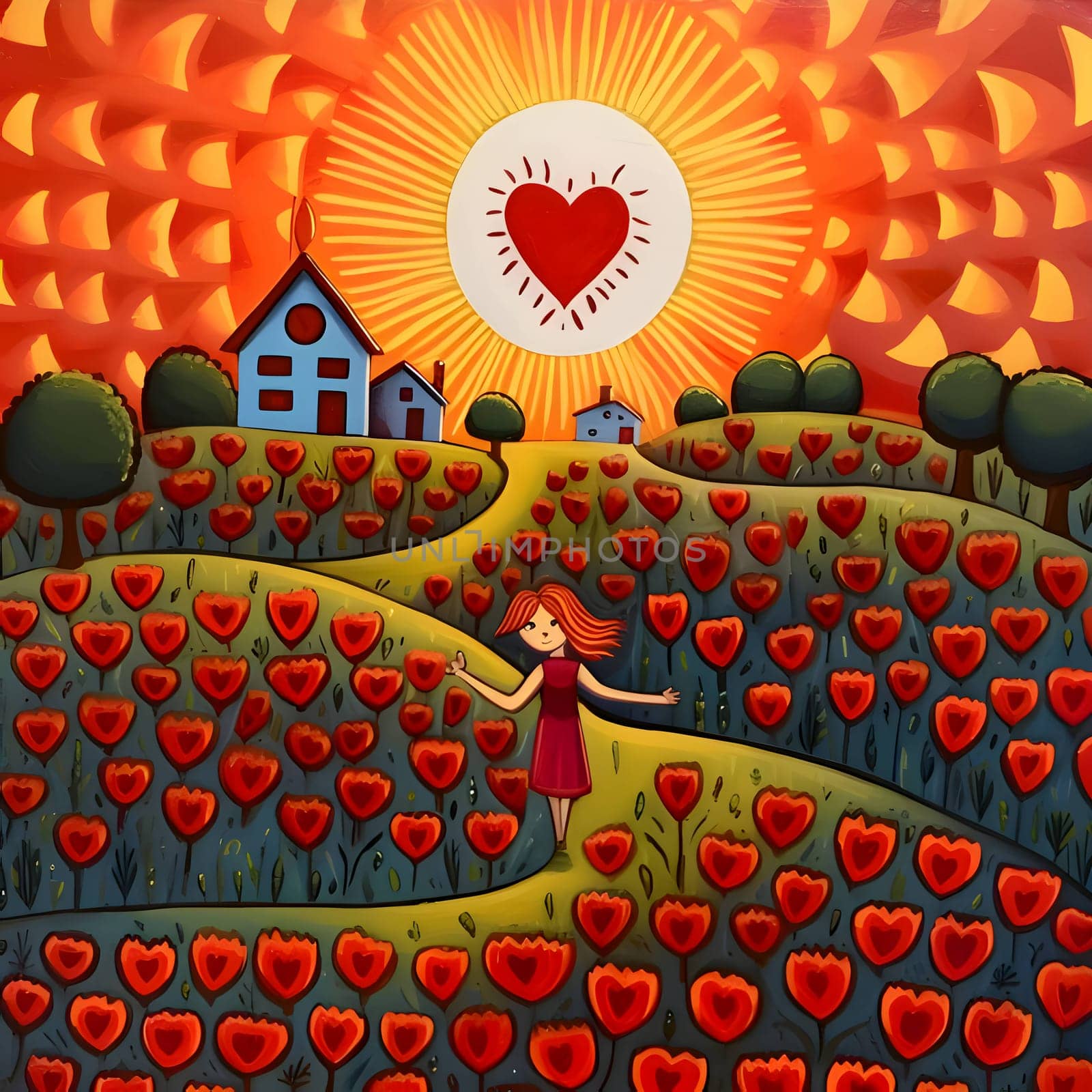 Illustration, girl, field of red poppies and sun. by ThemesS