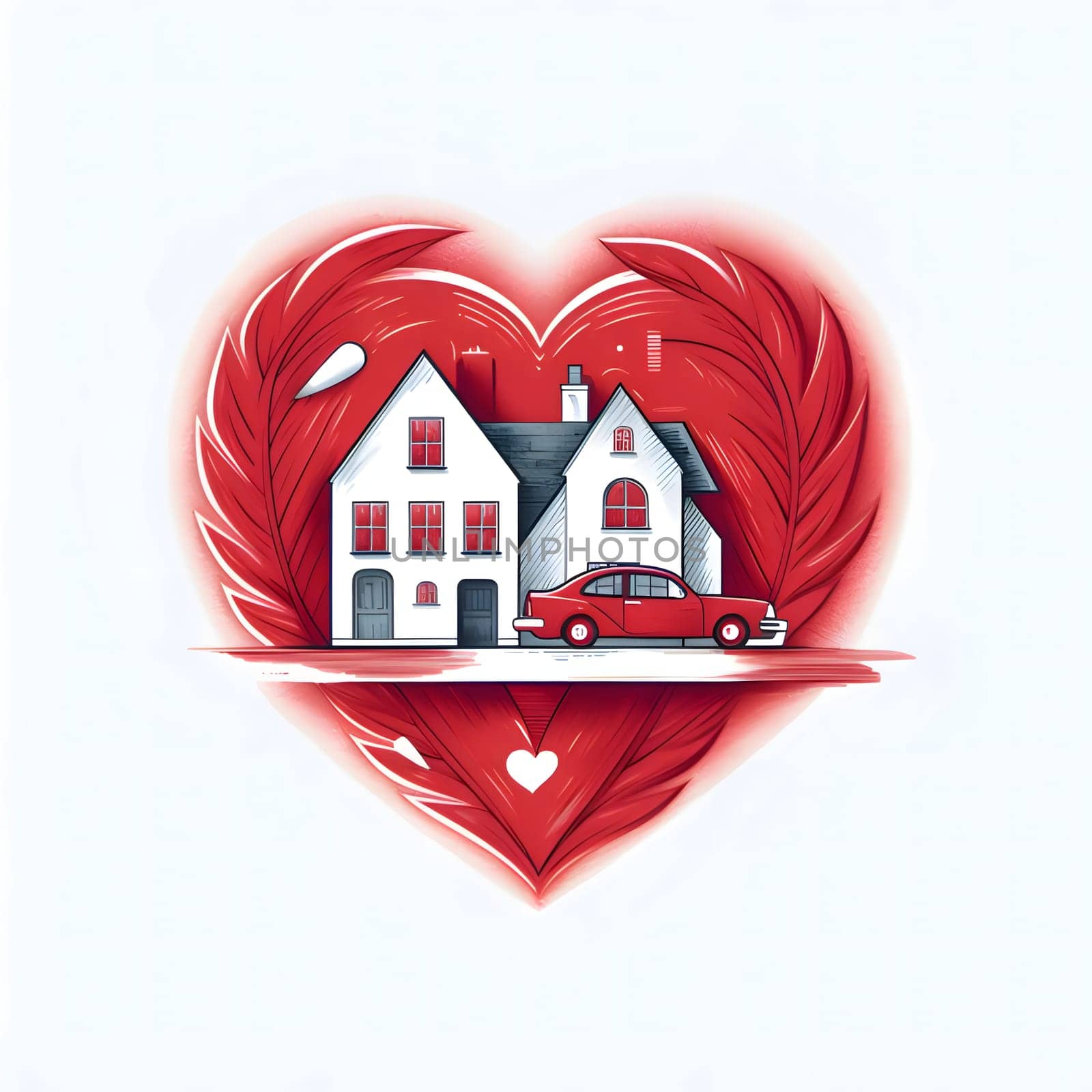 A red heart in the middle, a house and a car on a white isolated background. Heart as a symbol of affection and love. by ThemesS