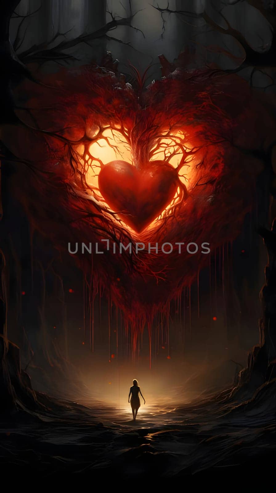 Silhouette of a Woman in a dark forest at the top of a heart, created from roots and the penetrating rays of the setting sun. Heart as a symbol of affection and love. by ThemesS