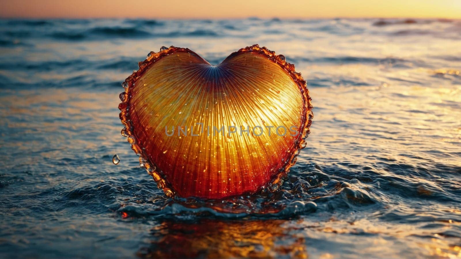 Sparkling water drops on heart shaped sea shell at sunset love token romantic beach wedding by panophotograph