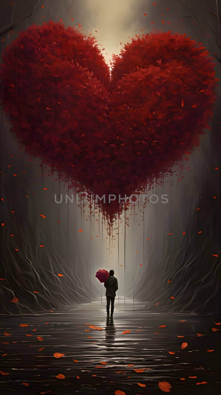 Silhouette of a man above him a huge heart made of red flower petals in a dark forest. Heart as a symbol of affection and love. The time of falling in love and love.