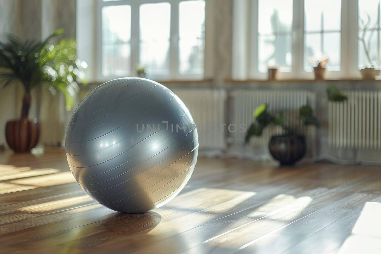 A silver exercise ball sits on a wooden floor in a room with a window. The ball is surrounded by potted plants, giving the room a natural and calming atmosphere