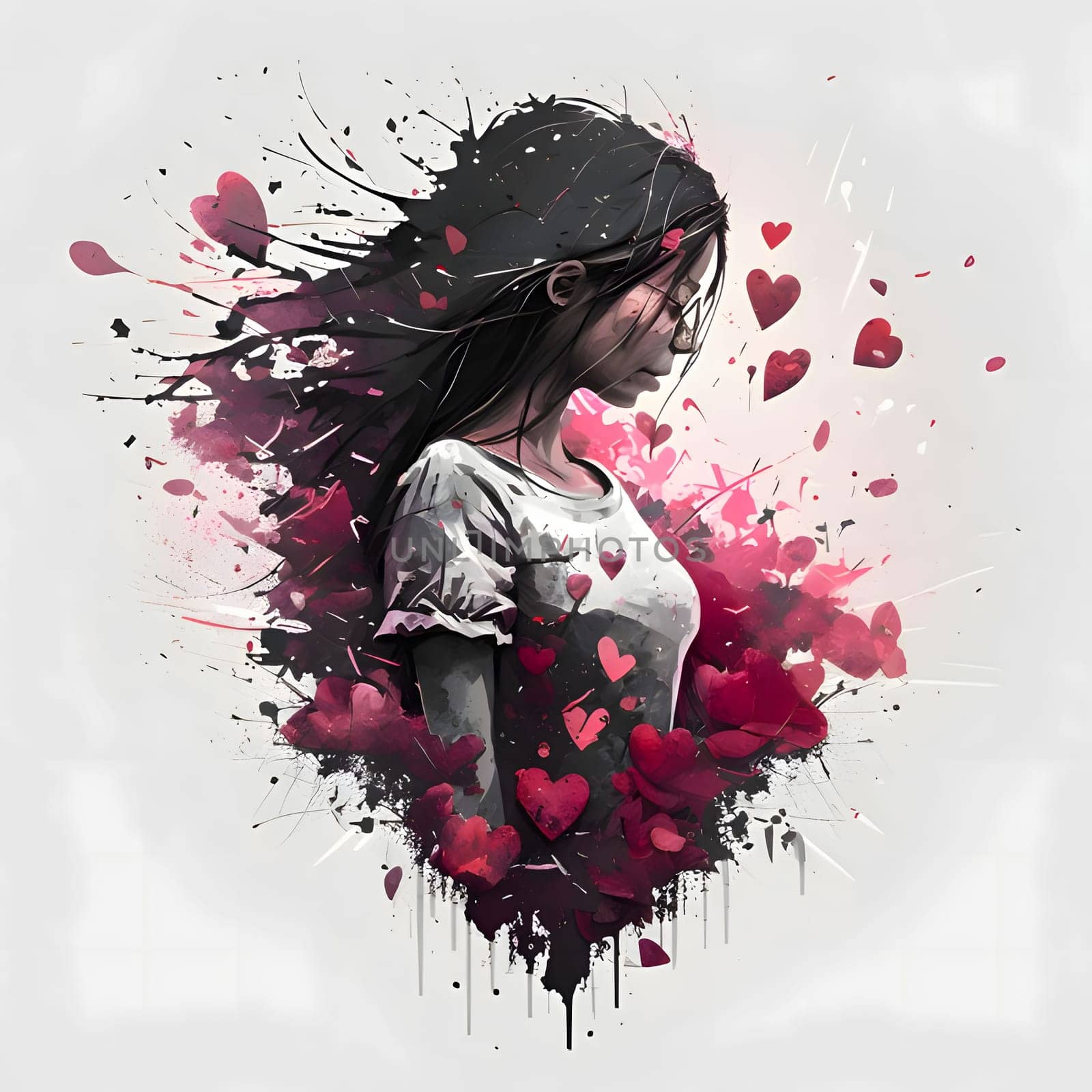 Silhouette of a Woman surrounded by colorful, pink, Red Hearts on a gray background, Heart as a symbol of affection and love. The time of falling in love and love.