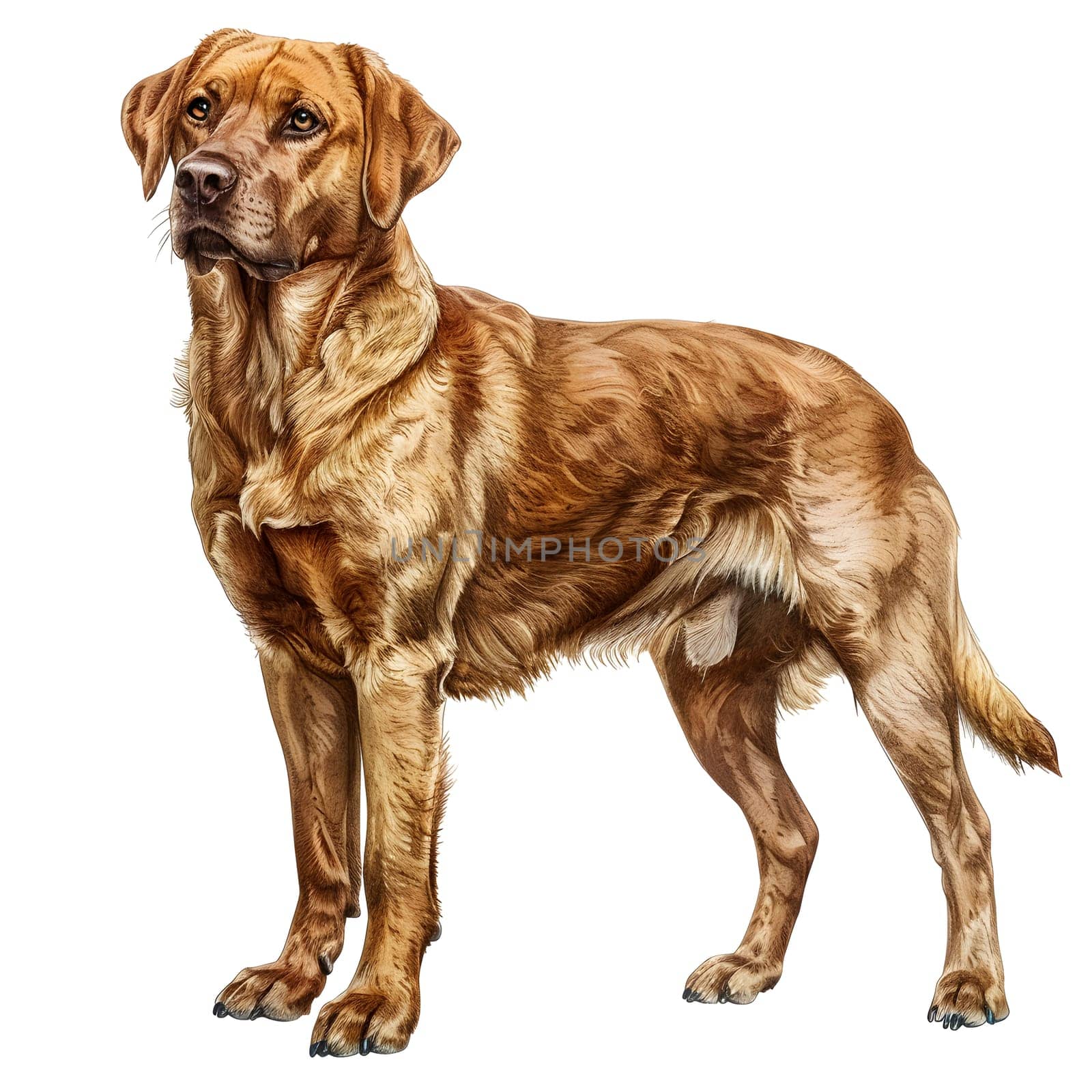 A fawncolored dog with a livercolored collar is standing on a white background. The dog, a carnivorous terrestrial animal, appears to be a working animal or a companion dog based on its gestures