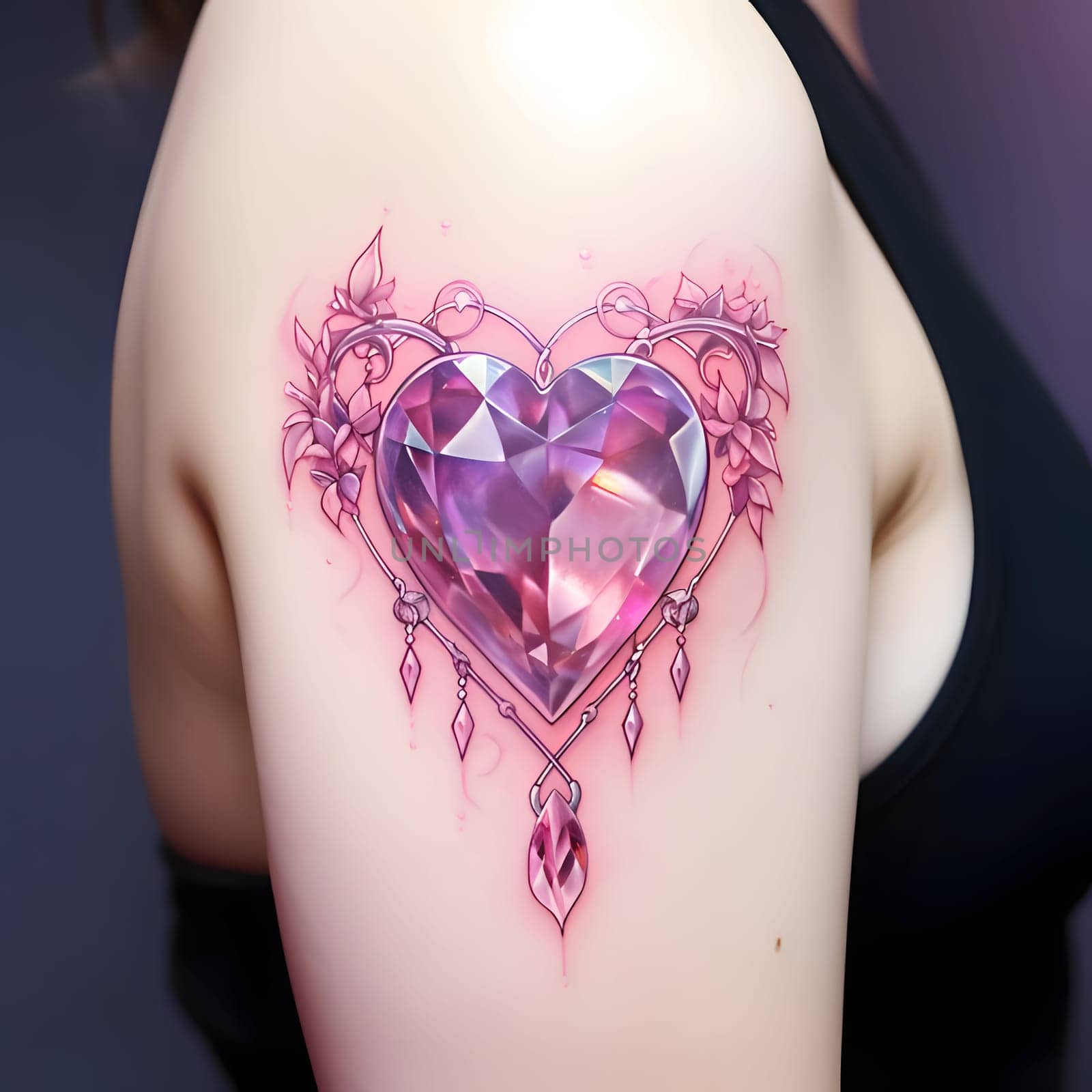 A woman's arm and a diamond heart tattoo with ornaments. Heart as a symbol of affection and love. The time of falling in love and love.