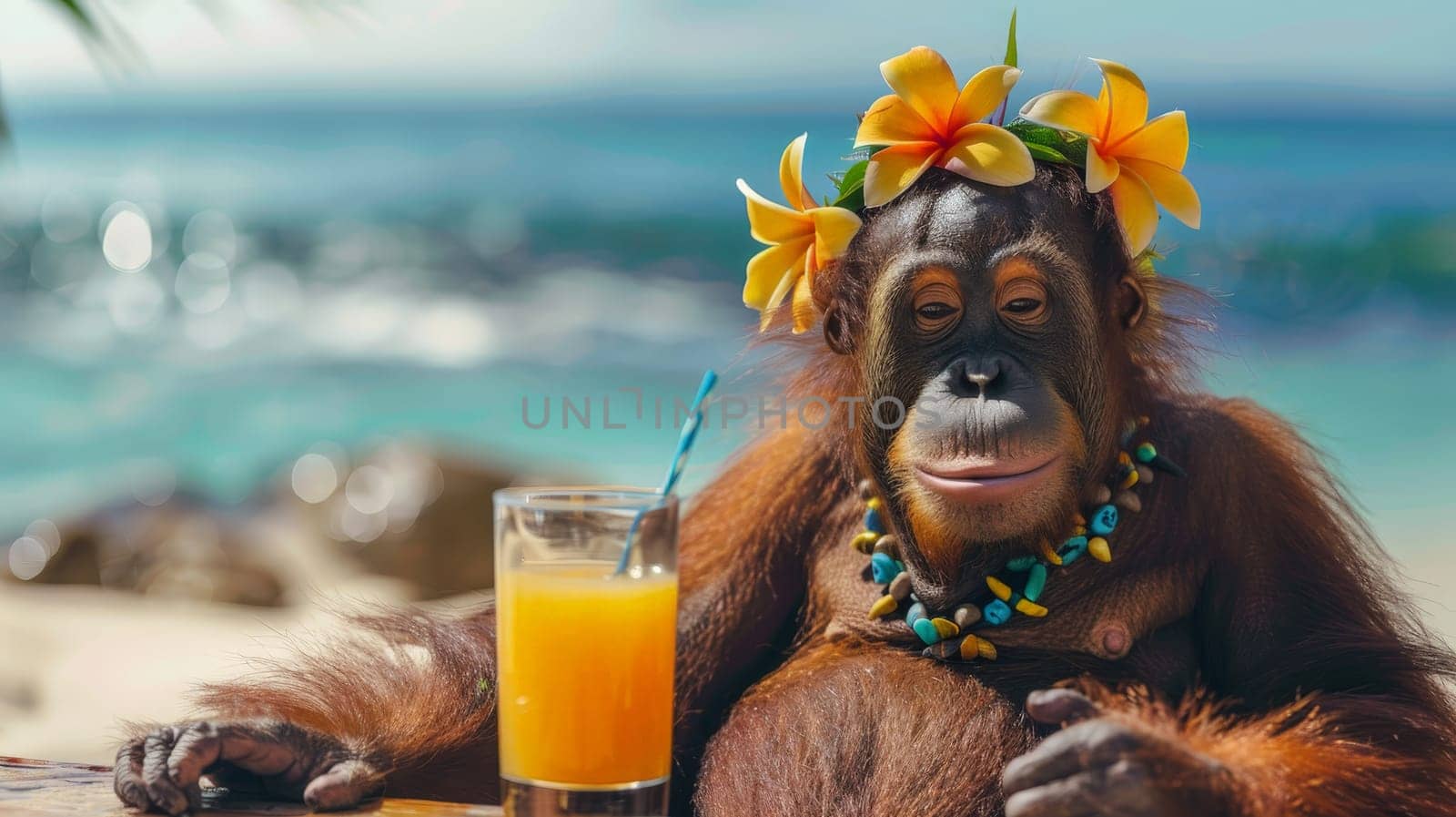 Summer background, An orangutan with hawaiian costume tropical palm and beach background, Generative AI by nijieimu
