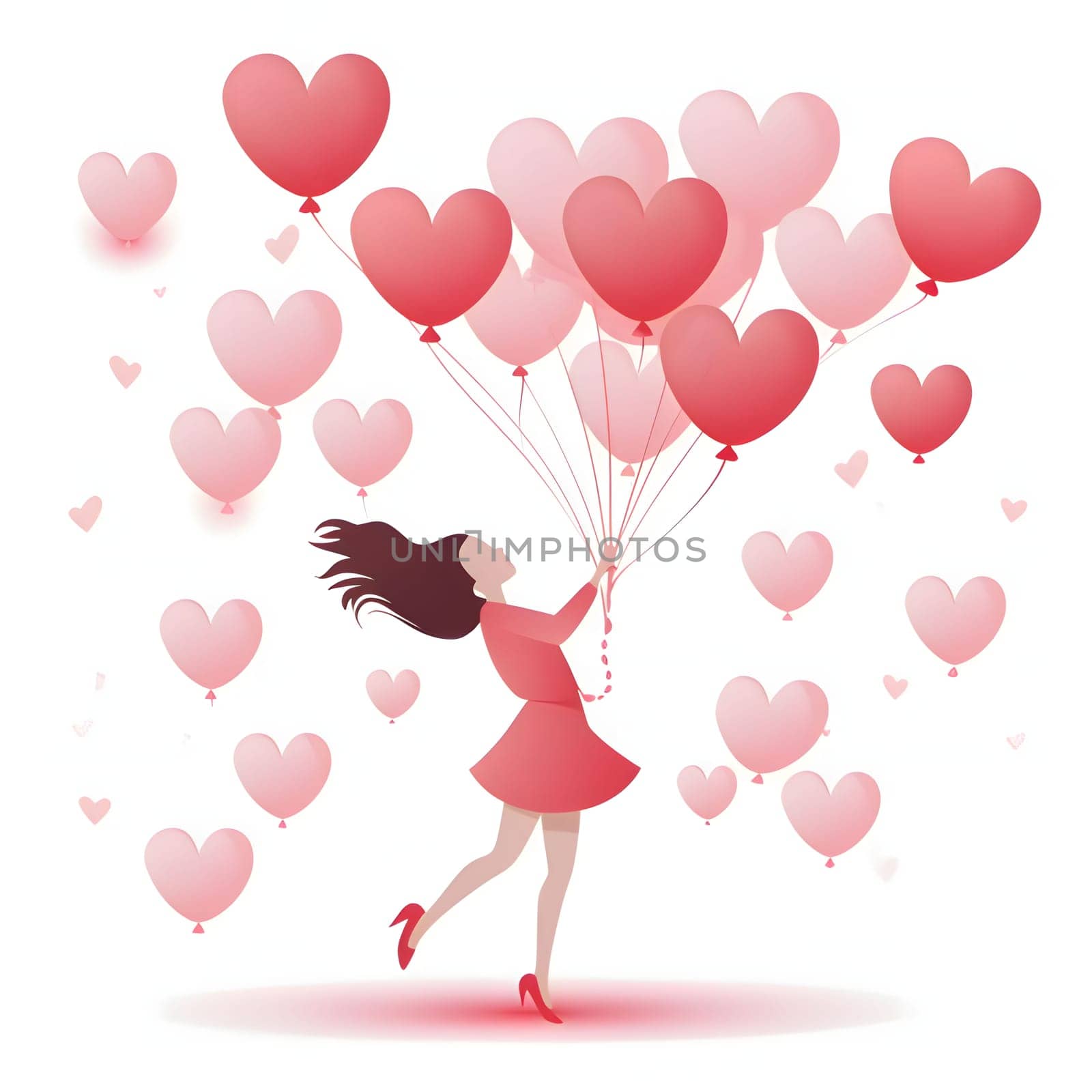 Woman holding heart-shaped balloons in her hand. Illustration on a white isolated background. Heart as a symbol of affection and love. The time of falling in love and love.