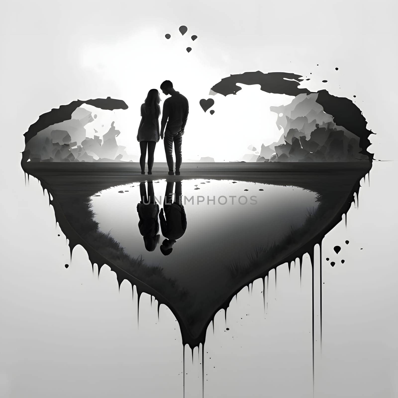 Illustration of a flat heart in the middle of a couple holding hands with a mirror image in water. Heart as a symbol of affection and love. The time of falling in love and love.