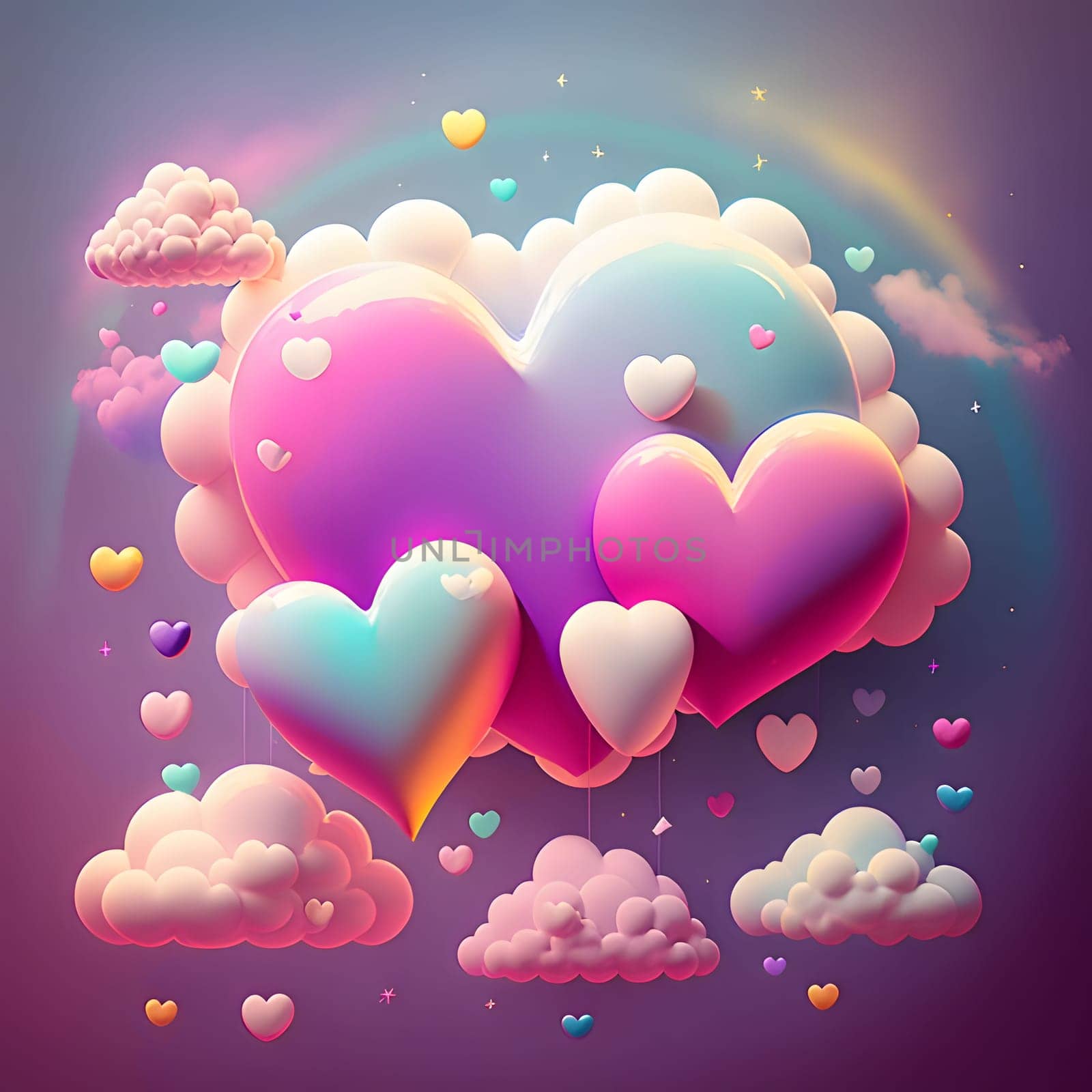 Illustration of colorful cloud hearts on a dark background. Heart as a symbol of affection and love. The time of falling in love and love.