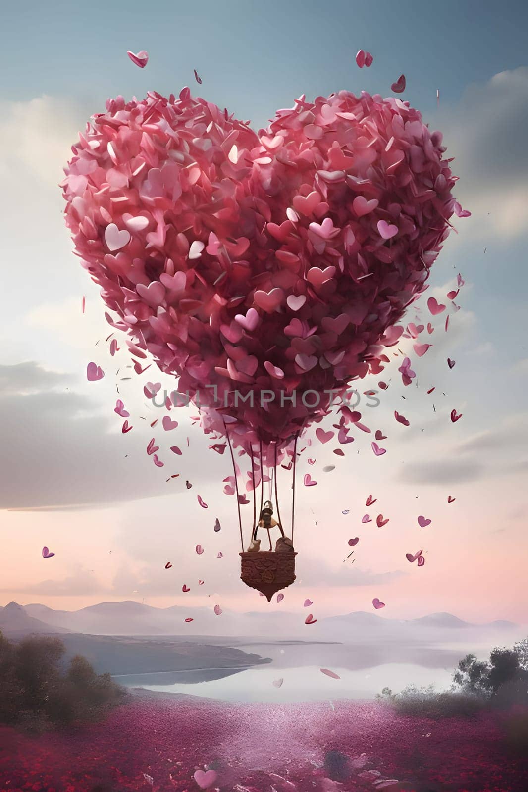 A large aerial balloon will develop them hearts all around tiny red pink hearts, a view of the mountains and the lake. Heart as a symbol of affection and love. by ThemesS