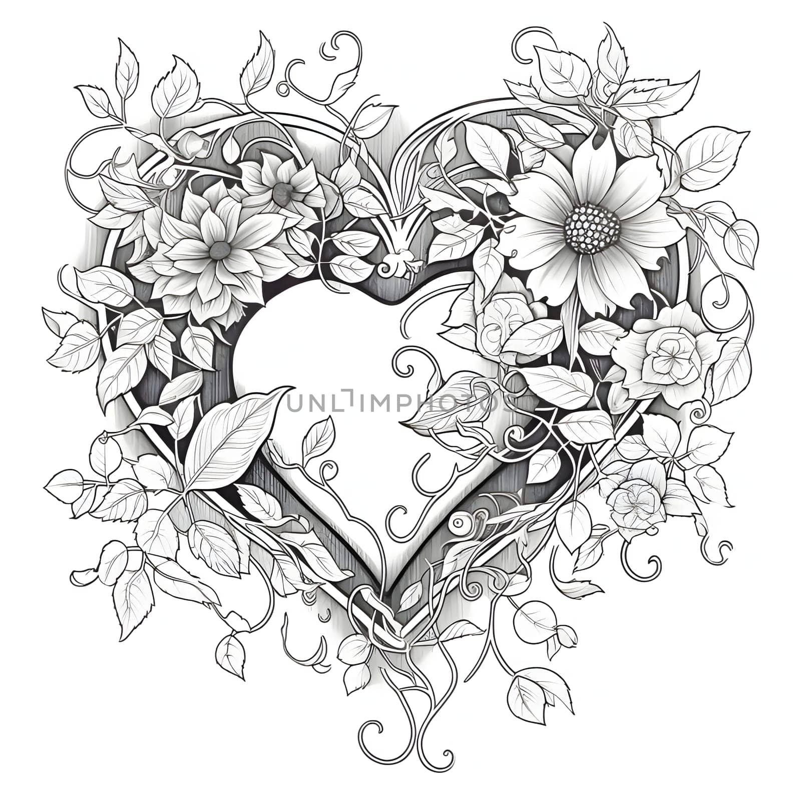 Black and White coloring card- heart entwined with flowers and leaves. Heart as a symbol of affection and love. The time of falling in love and love.