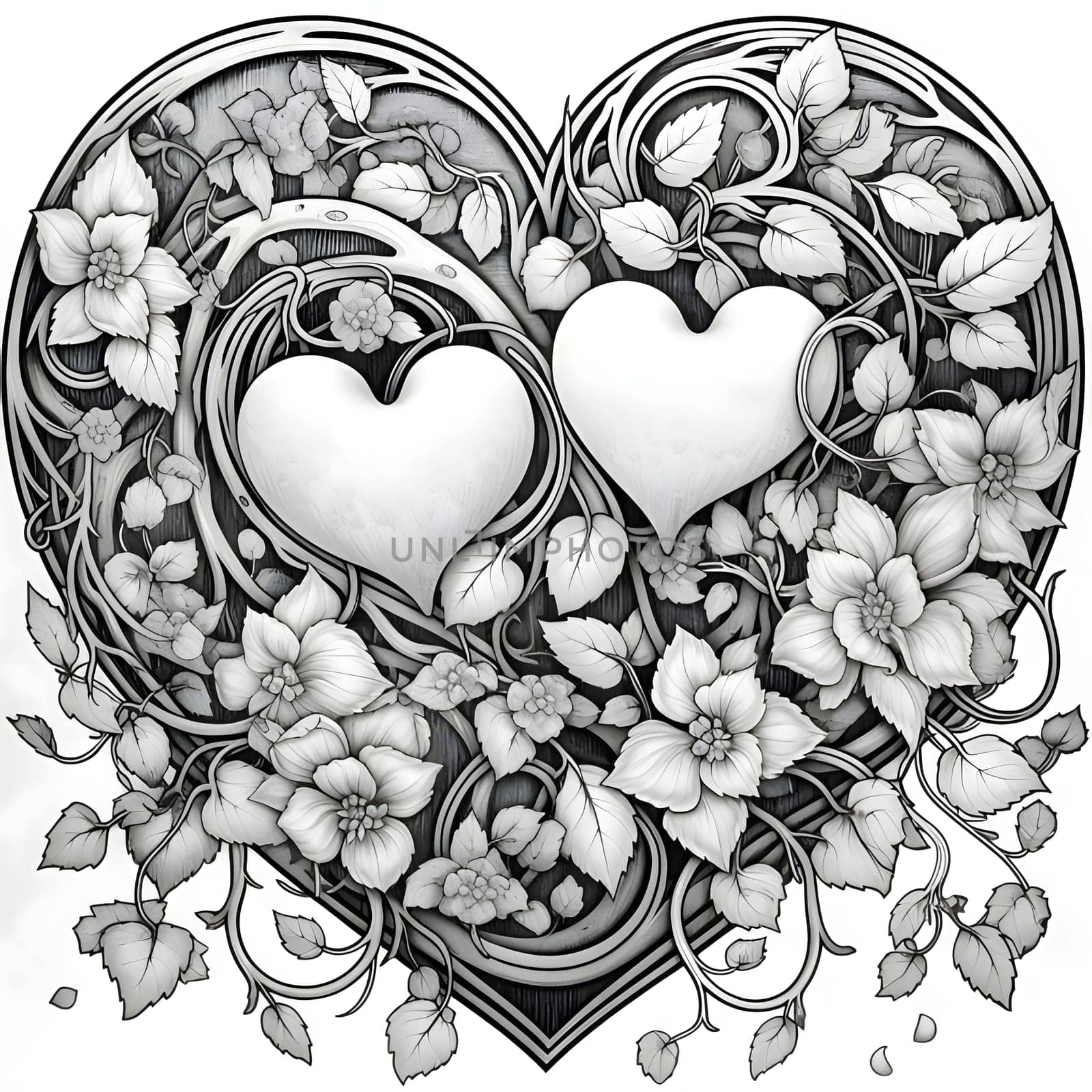 Black and white two hearts joined by roots, Kami stems and flowers with leaves. Heart as a symbol of affection and love. by ThemesS