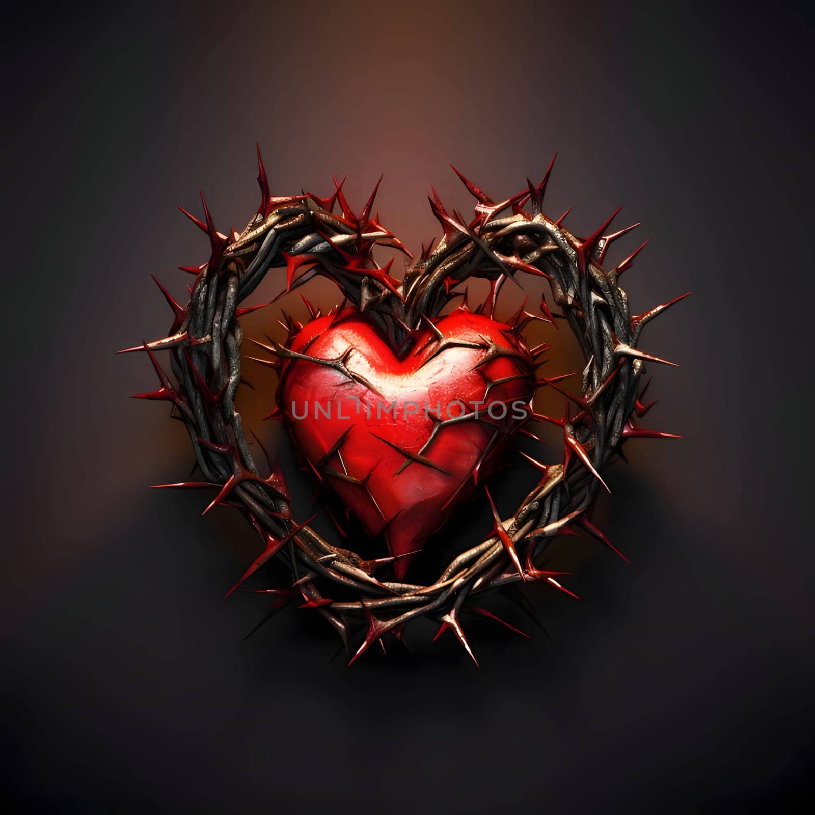 Red heart entwined with a crown of thorns on a dark background. Heart as a symbol of affection and love. by ThemesS