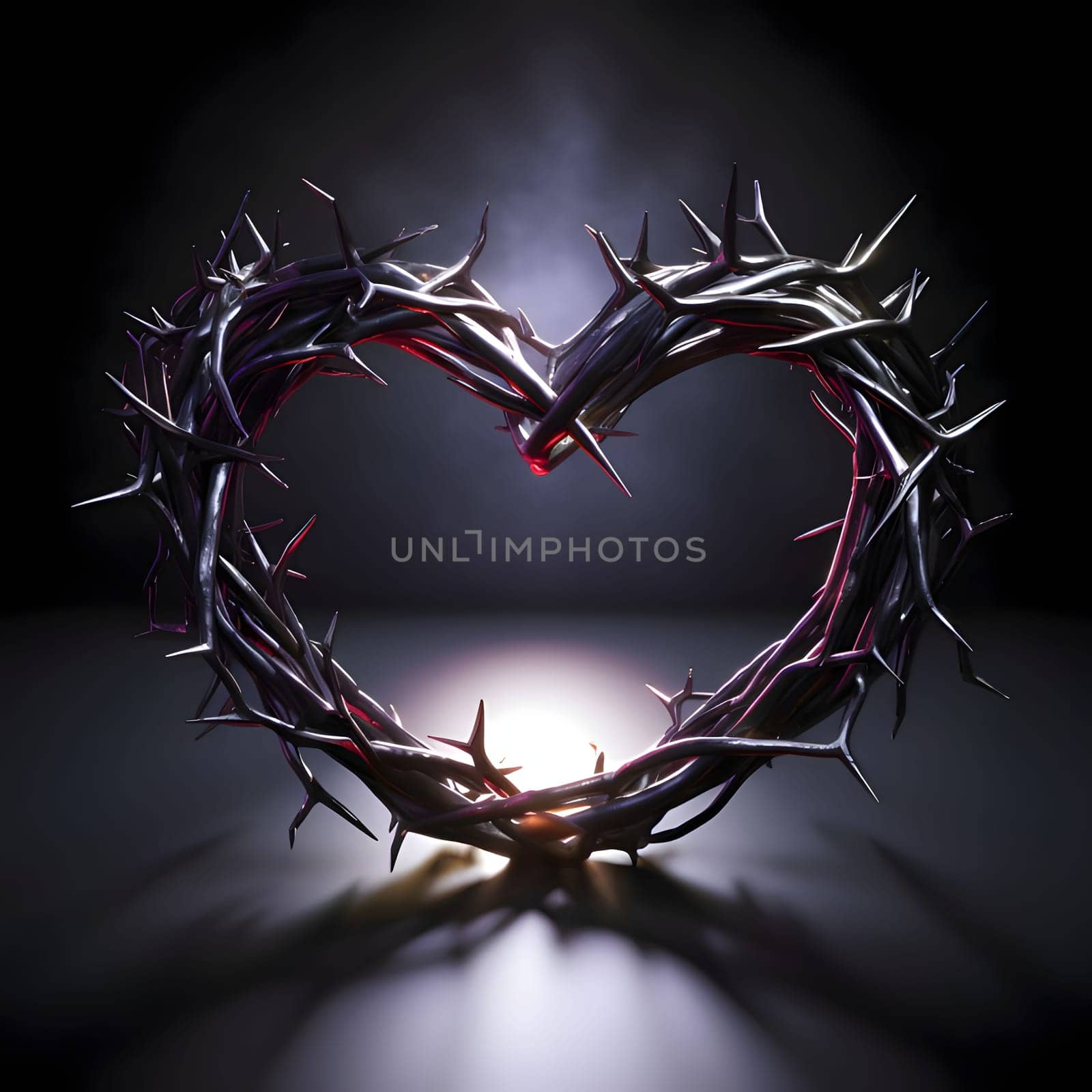 Heart of thorns with thorns on a dark background. Heart as a symbol of affection and love. The time of falling in love and love.