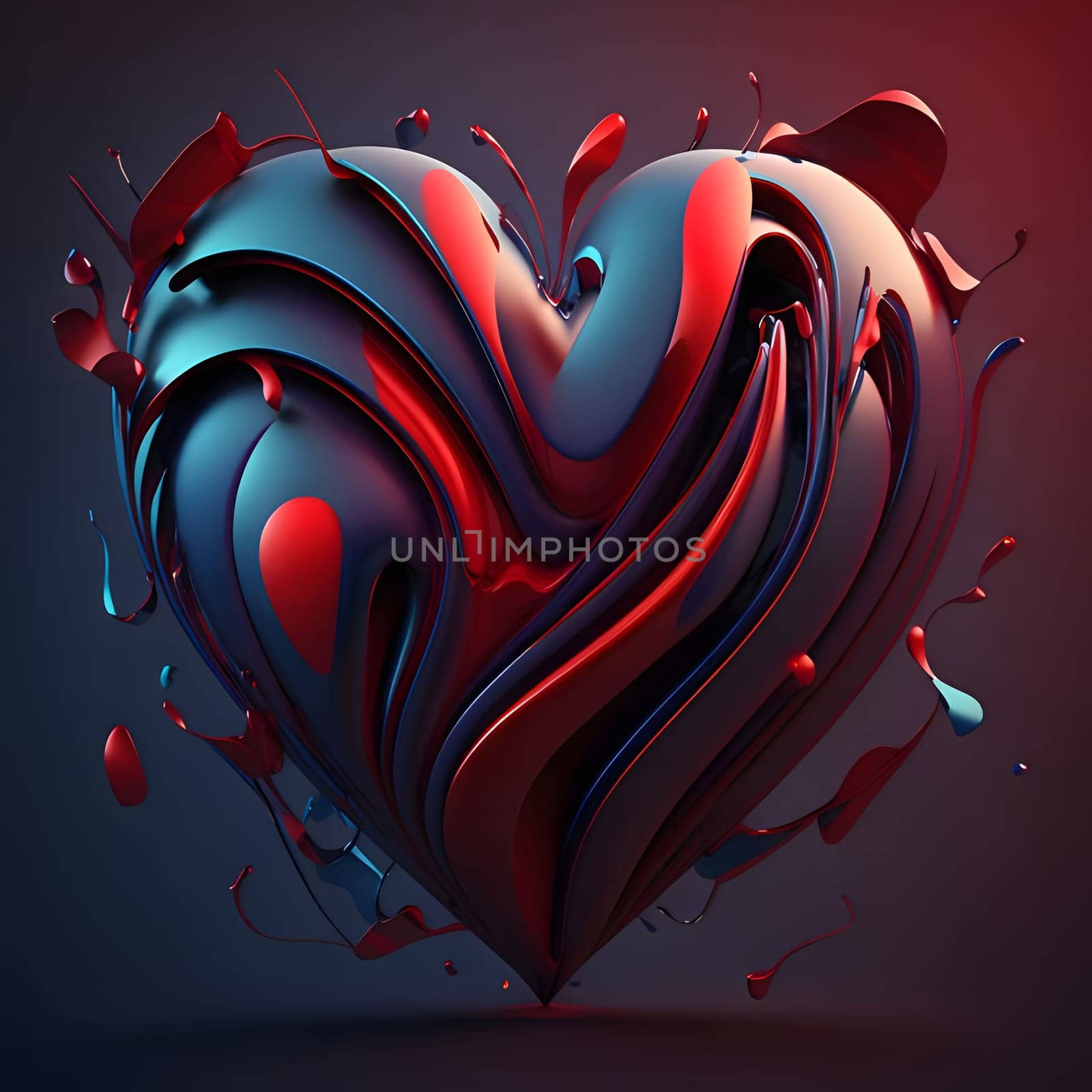 Abstract colorful heart with red and green paint on a dark background. Heart as a symbol of affection and love. The time of falling in love and love.