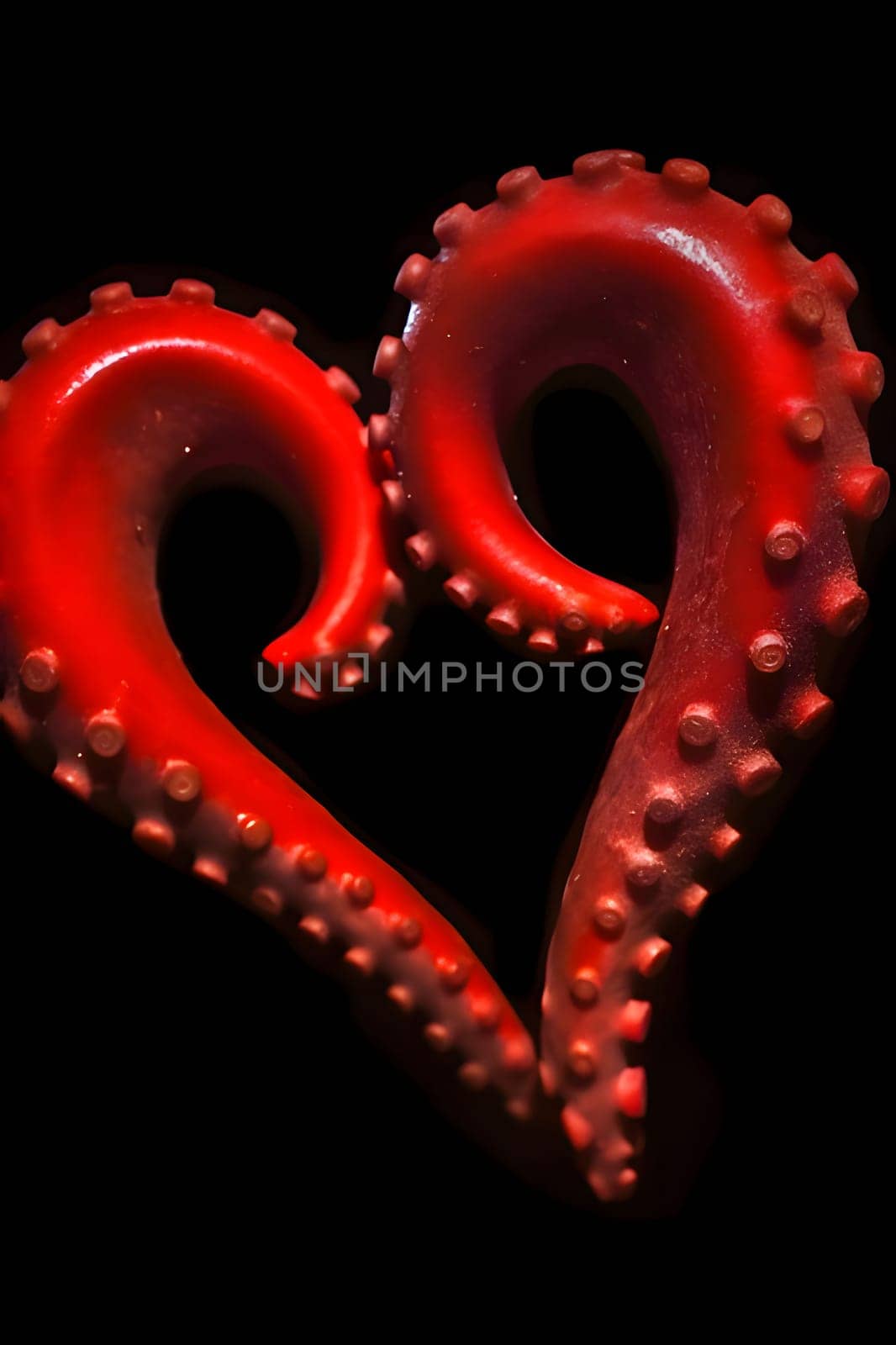 Red heart arranged from two tentacles of an octopus on a black background. Heart as a symbol of affection and love. The time of falling in love and love.