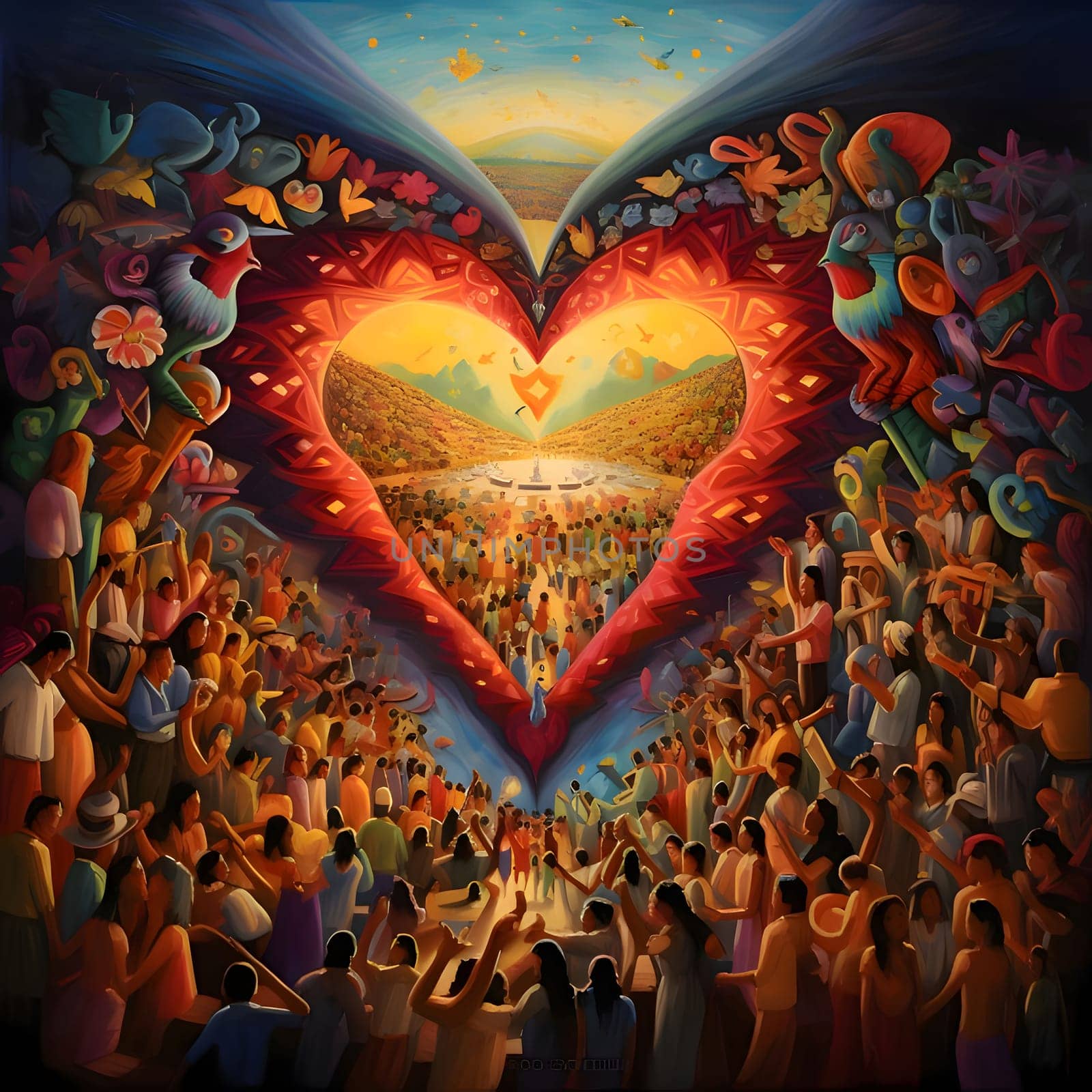 Illustration, painted hundreds of people in the middle, a large heart of abstraction, creative invention. Heart as a symbol of affection and love. The time of falling in love and love.