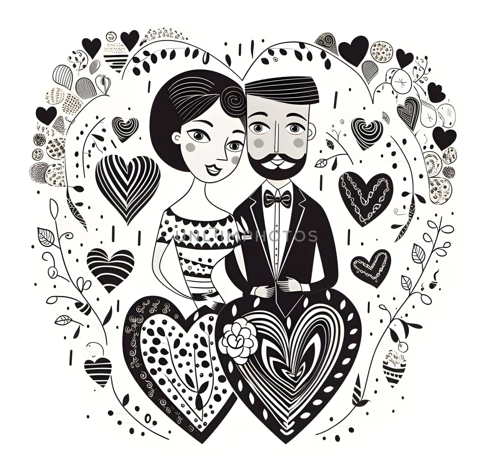 Cartoon illustration, a man and a woman and two hearts and ornaments with flowers heart around white and black picture. Heart as a symbol of affection and love. by ThemesS